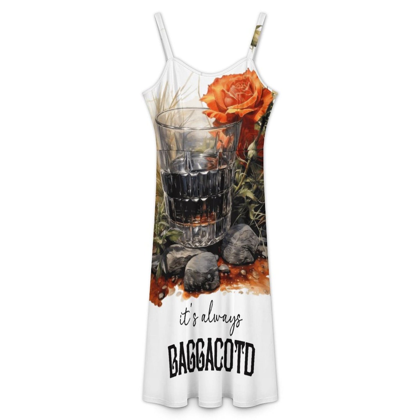 "It's Always BAGGACOTD" Midi Spaghetti Strap Dress – A-Line Sublimation Dress