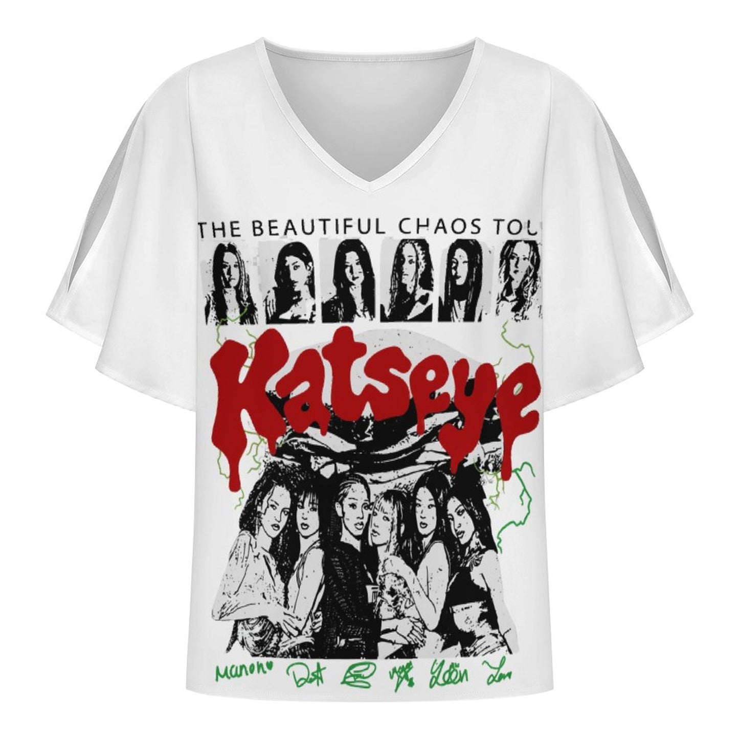 Katseye Tour Inspired Cold Shoulder Top | All-Over Print V-Neck Ruffled Sleeve Fan Tee