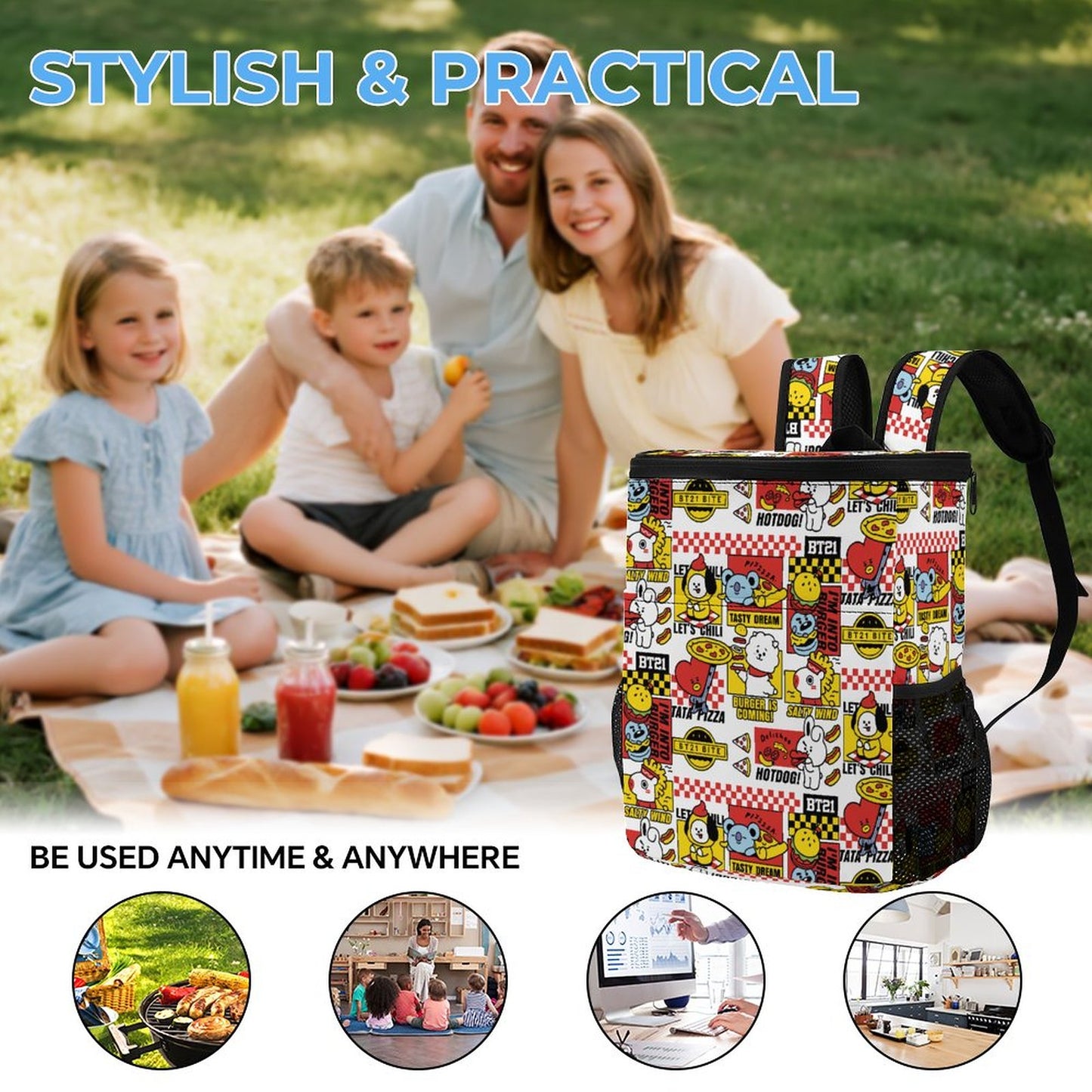 BT21 Inspired Insulated Ice Pack Backpack – All-Over Print K-Pop Picnic & Travel Bag