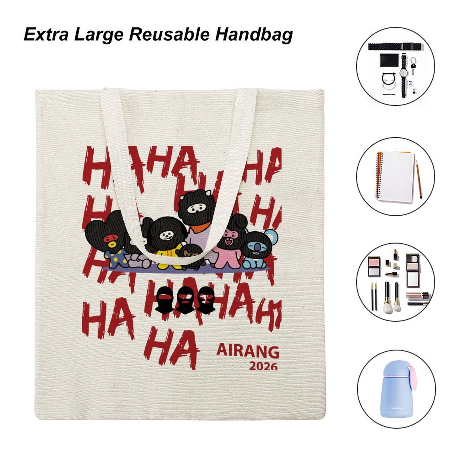 Extra large reusable handbag with cartoon characters and text, featuring the brand 'AIRANG'.