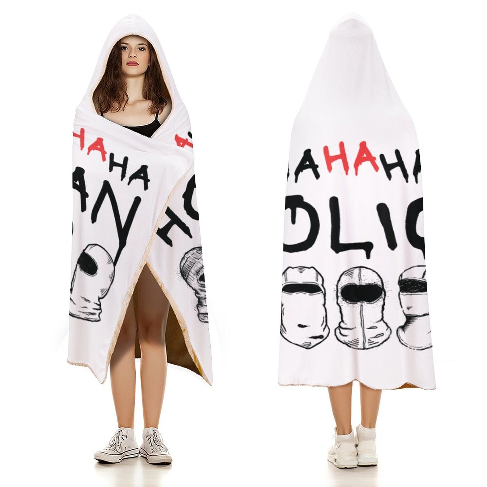 BTS Hooligan hooded blanket in white premium arctic velvet, perfect for K-Pop fans and ARMY concert gear.