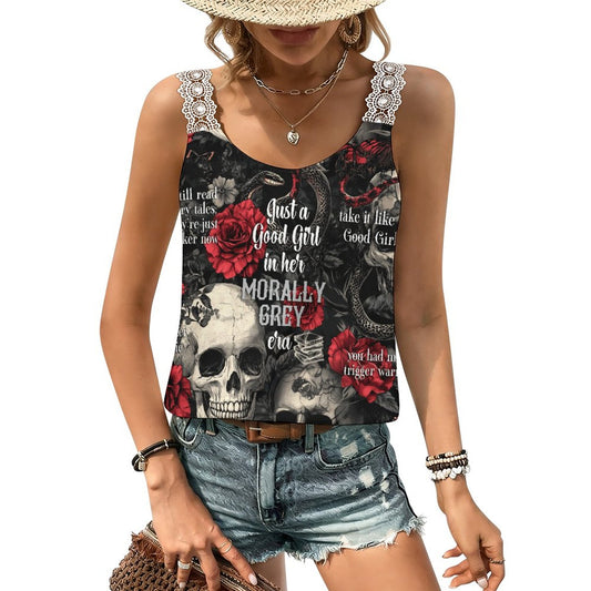 Model wearing a white lace-trim camisole with 'In Her Morally Grey Era' printed on the front, styled for a bookish dark academia aesthetic.