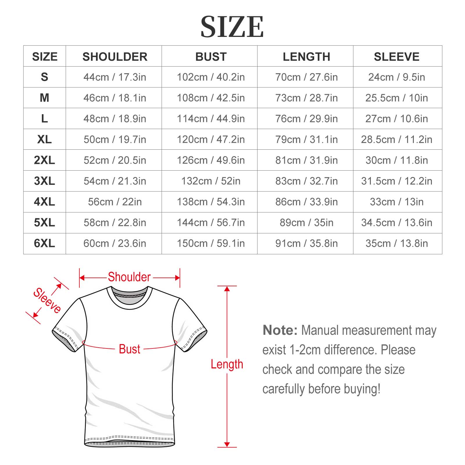 Size chart graphic for the Ha Ha Ha BT21 Hooligan men's t-shirt showing measurements from size S to 6XL.