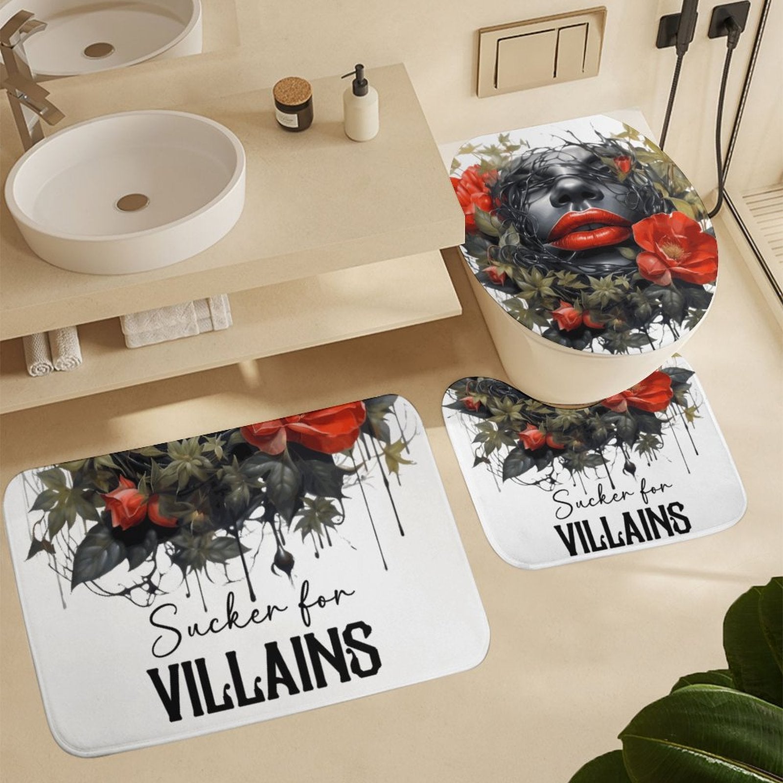 A coordinated dark romance themed bathroom setup featuring a waterproof bookish graphic shower curtain and matching soft anti-slip flannel floor rugs.
