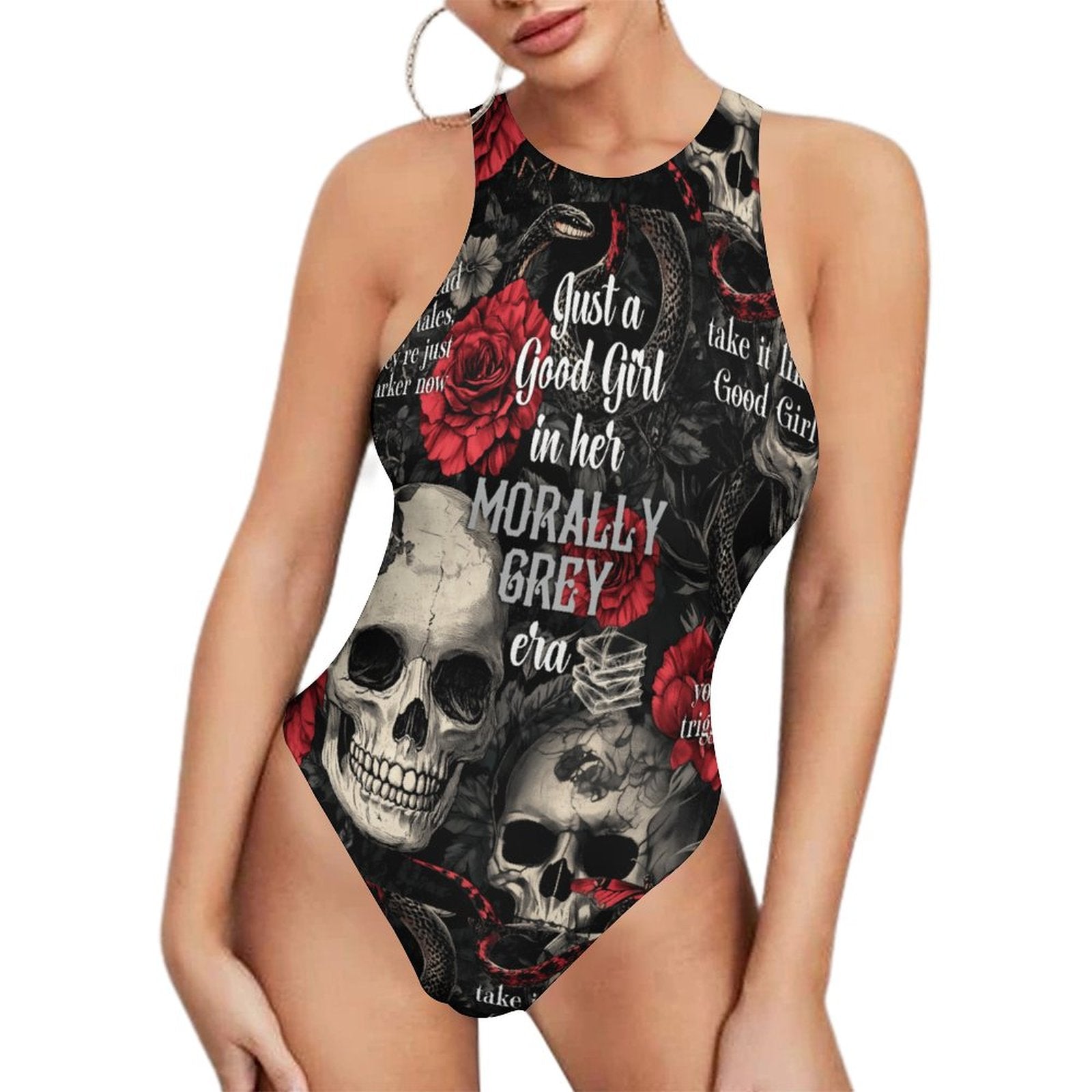 Front view of 'Morally Grey Era' black sleeveless bodysuit with gothic skull and rose design.