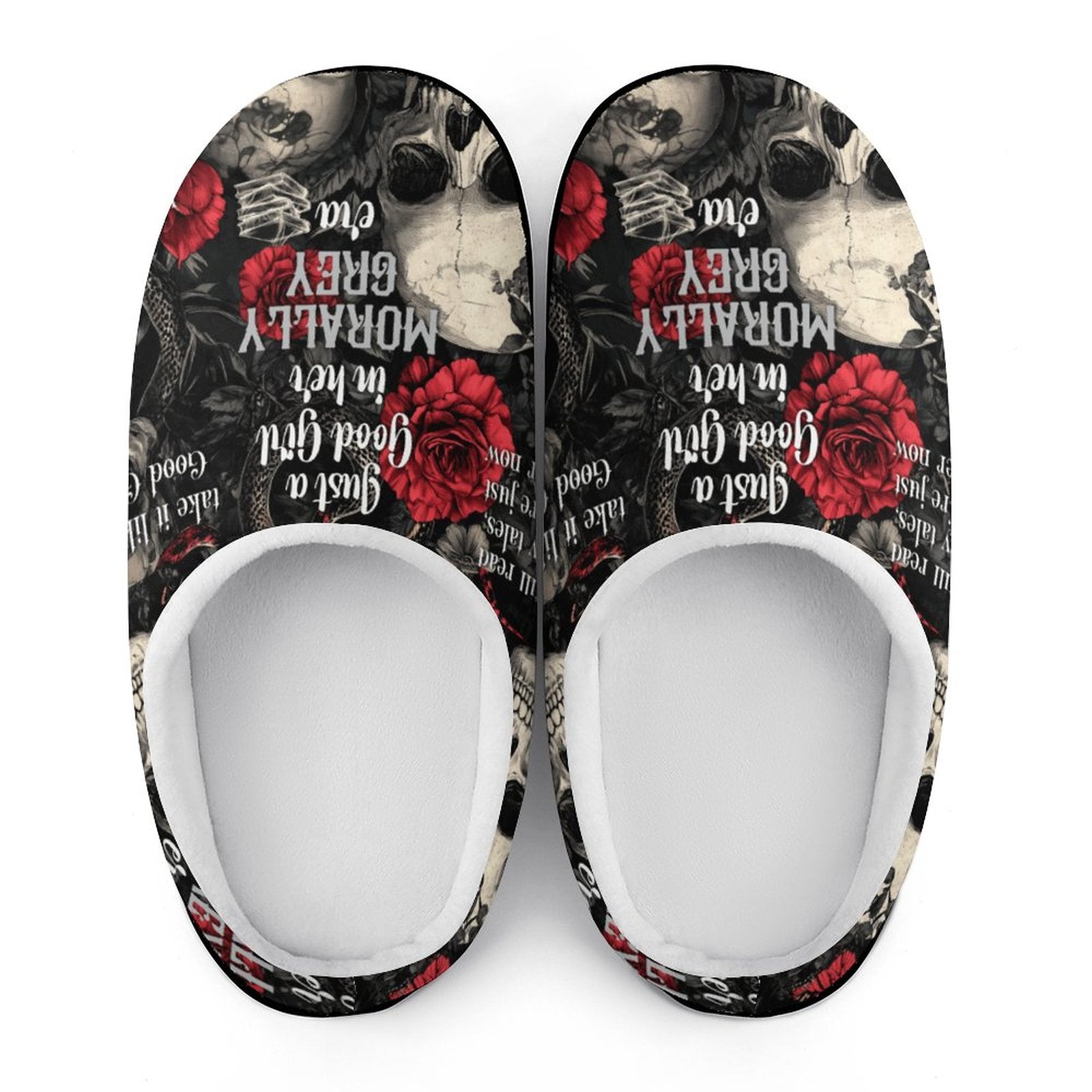 White plush bookish slippers with 'In My Morally Grey Era' text and skull rose design.