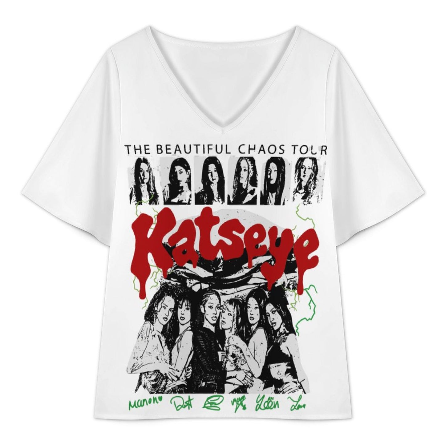 Katseye Tour Inspired Cold Shoulder Top | All-Over Print V-Neck Ruffled Sleeve Fan Tee