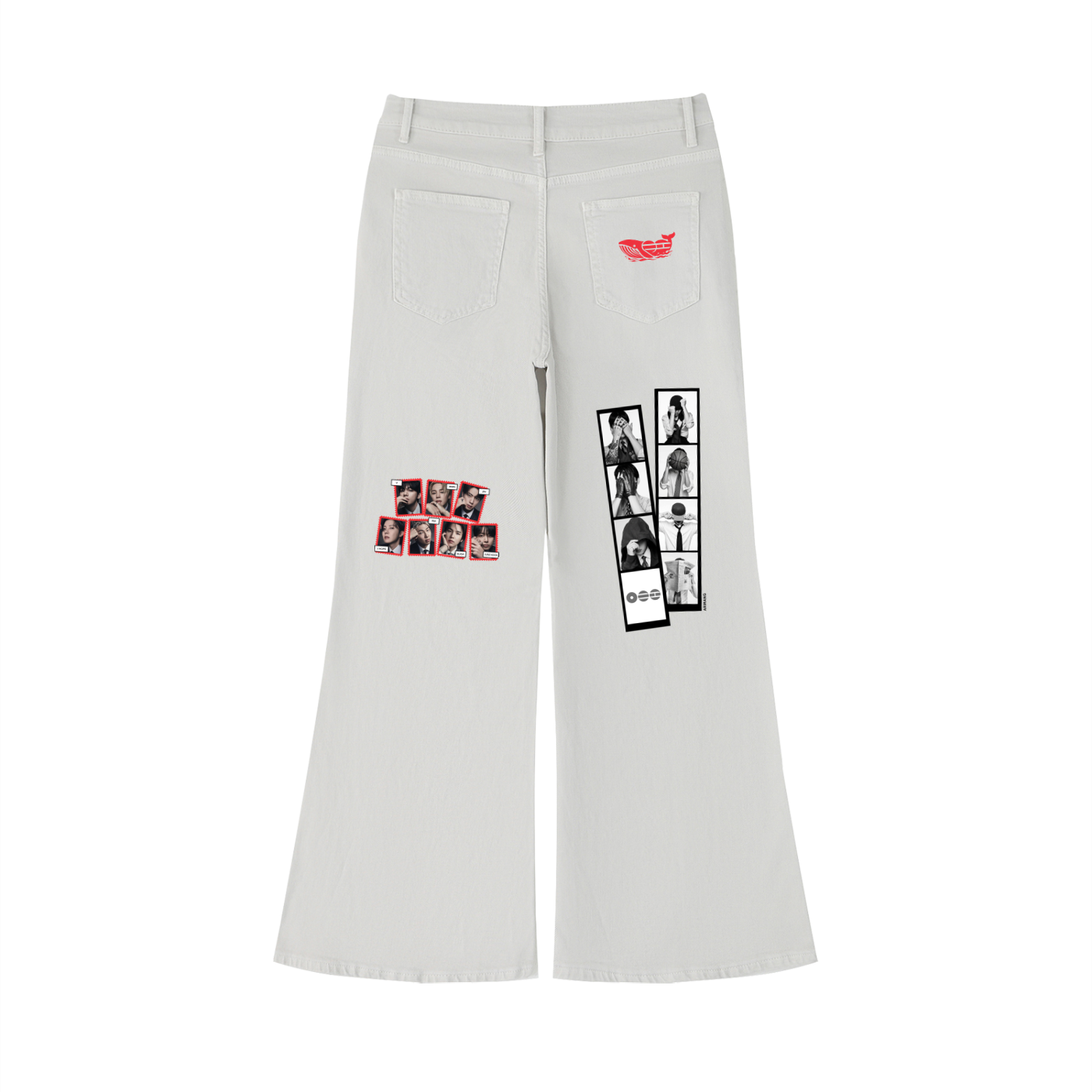 Rear view of BTS World Tour 2026 women's beige flared jeans, highlighting a custom red graphic on the back pocket and vertical photo-film strip prints down the right leg.
