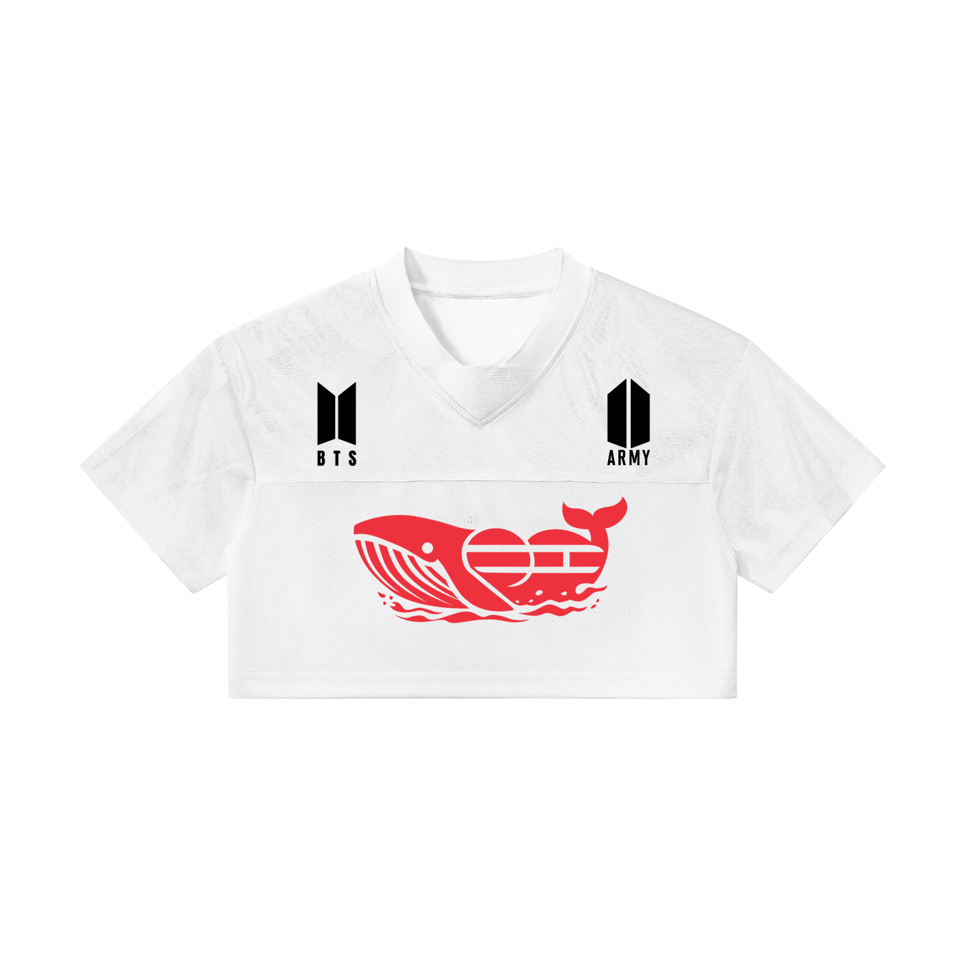 Front view of the white BTS Yoongi cropped paneled v-neck jersey, showcasing a custom red Whalien 52 whale graphic flanked by the black BTS and ARMY logos.