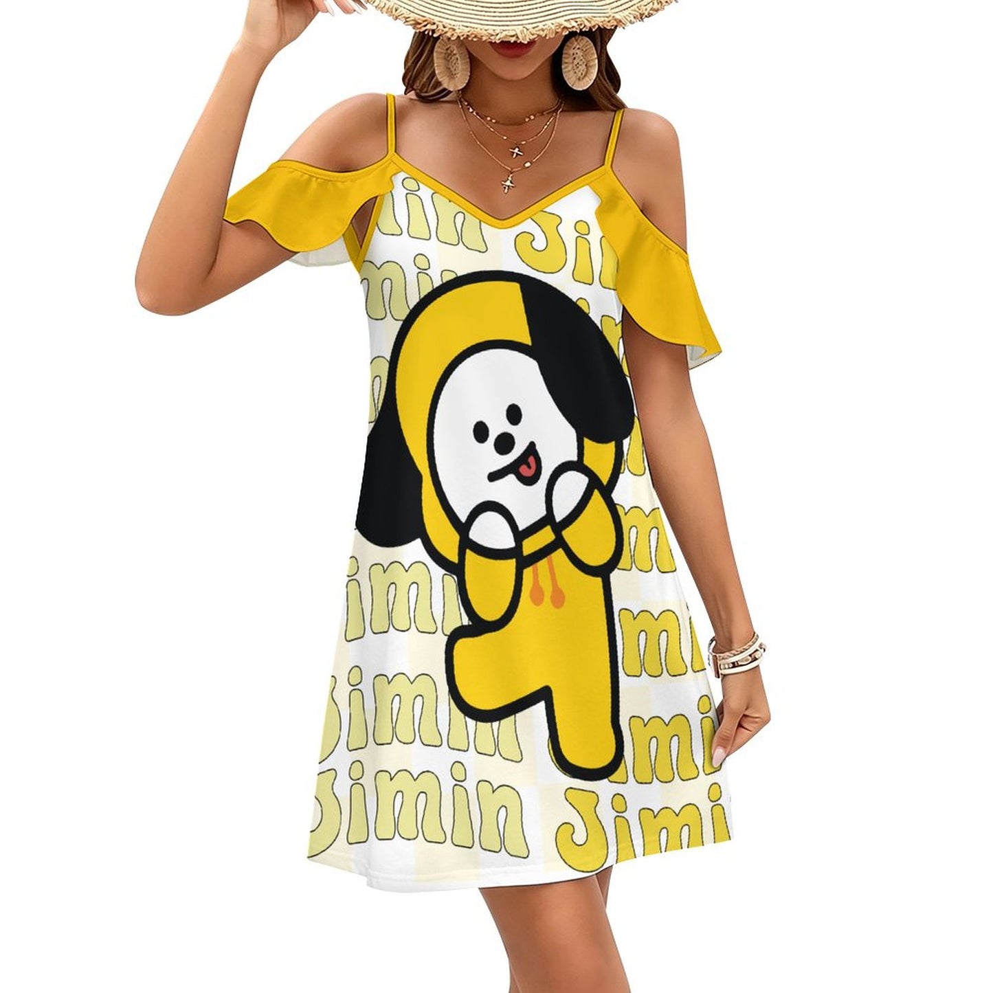 BT21 Chimmy Jimin Ruffle Spaghetti Strap Dress | K-Pop Fan Merch All-Over Print