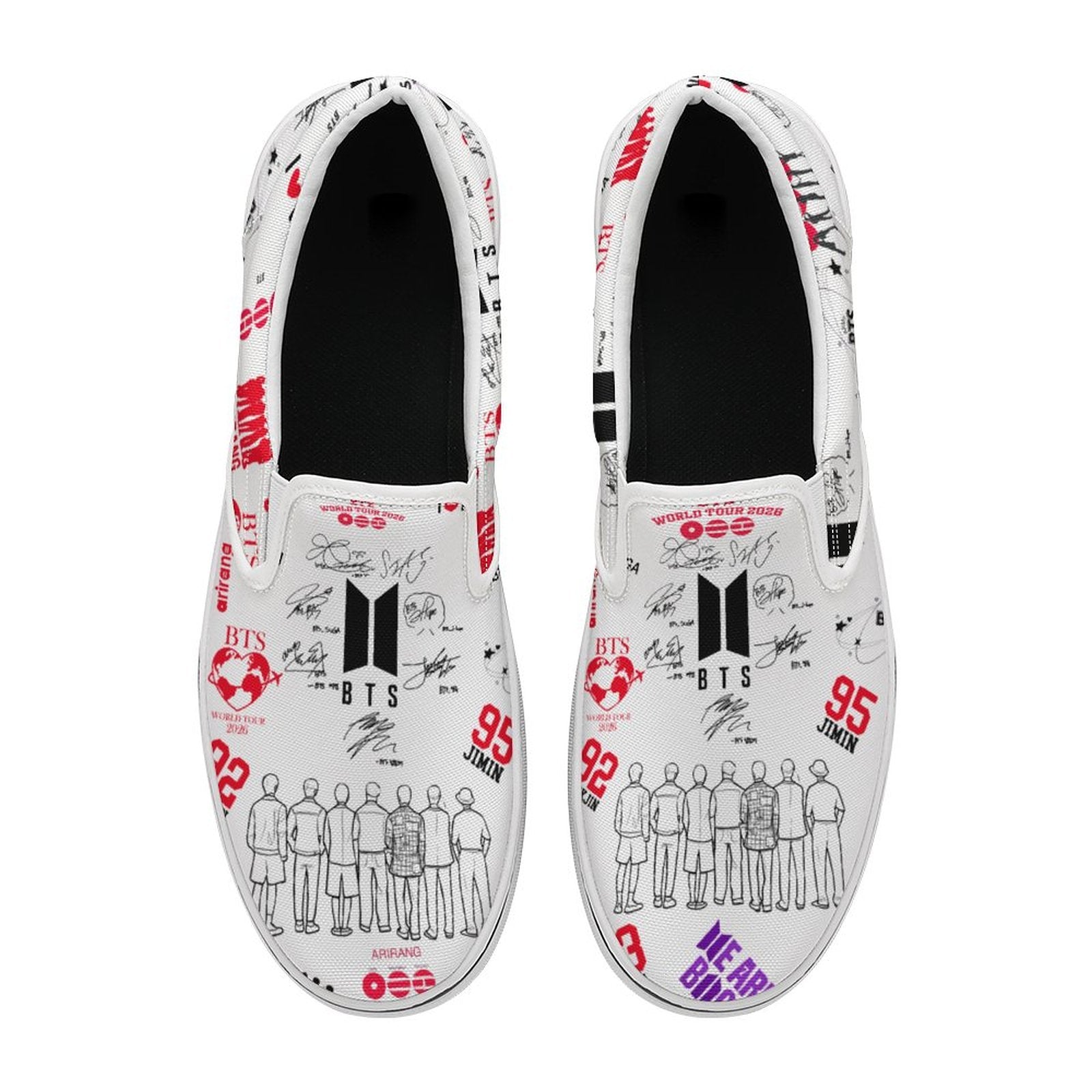 Pair of white BTS Hooligan inspired unisex slip-on canvas shoes