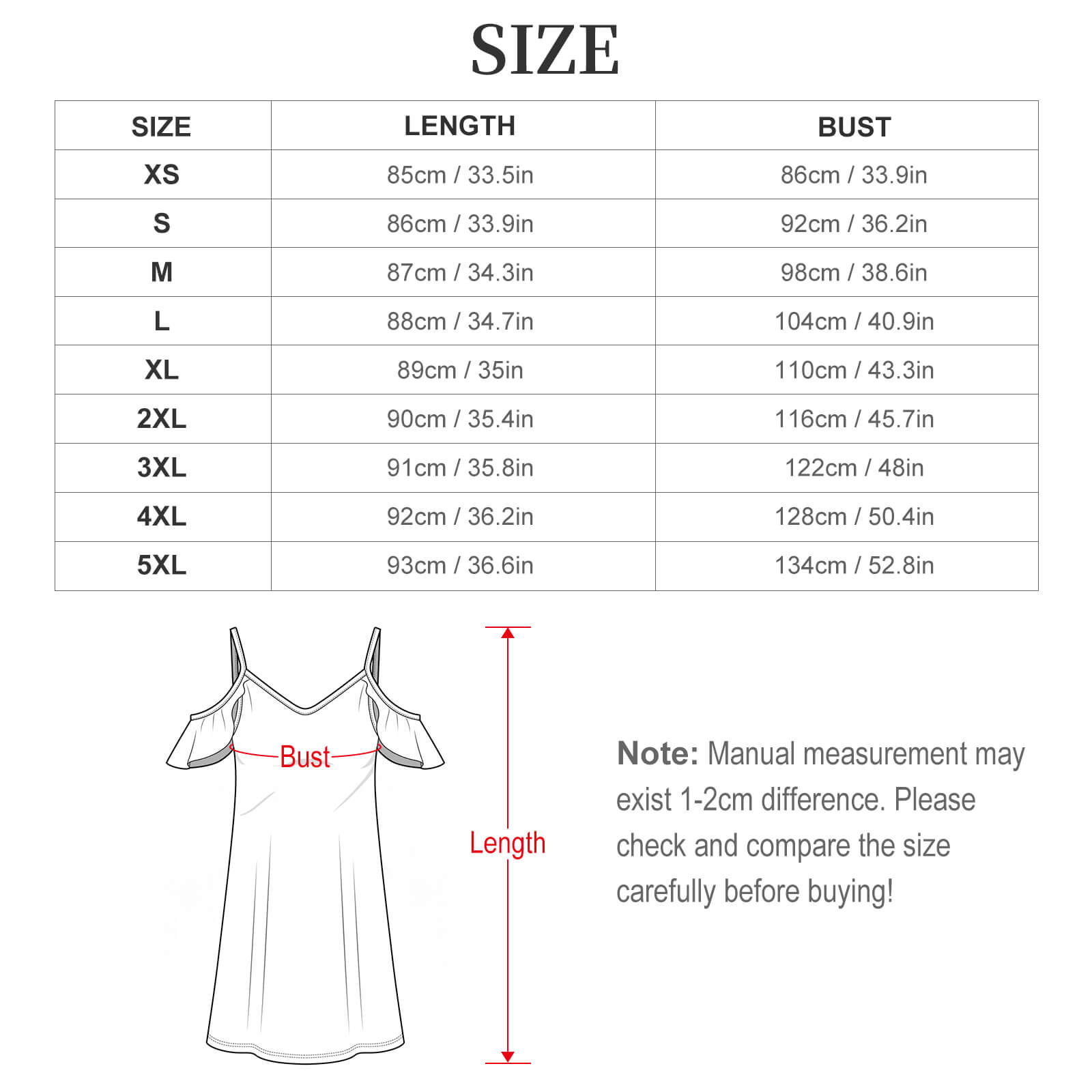 Product size dimension chart for the ruffle spaghetti strap dress, detailing inclusive sizing parameters from XS to 5XL with length and bust measurements in centimeters and inches, accompanied by a flat line-art dress fit diagram.