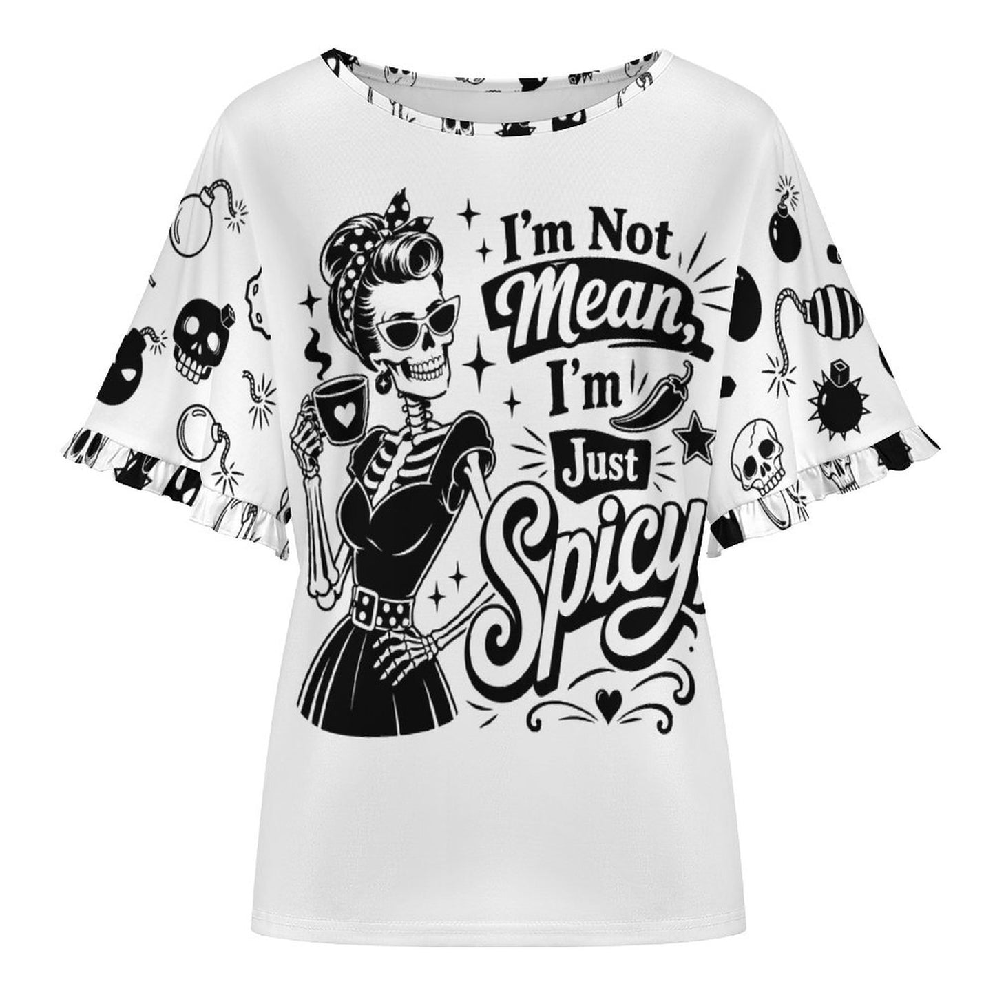 Detailed product view of the "I'm Not Mean I'm Spicy" typography and retro bombs and skulls pattern on a premium 200gsm imitation cotton t-shirt.