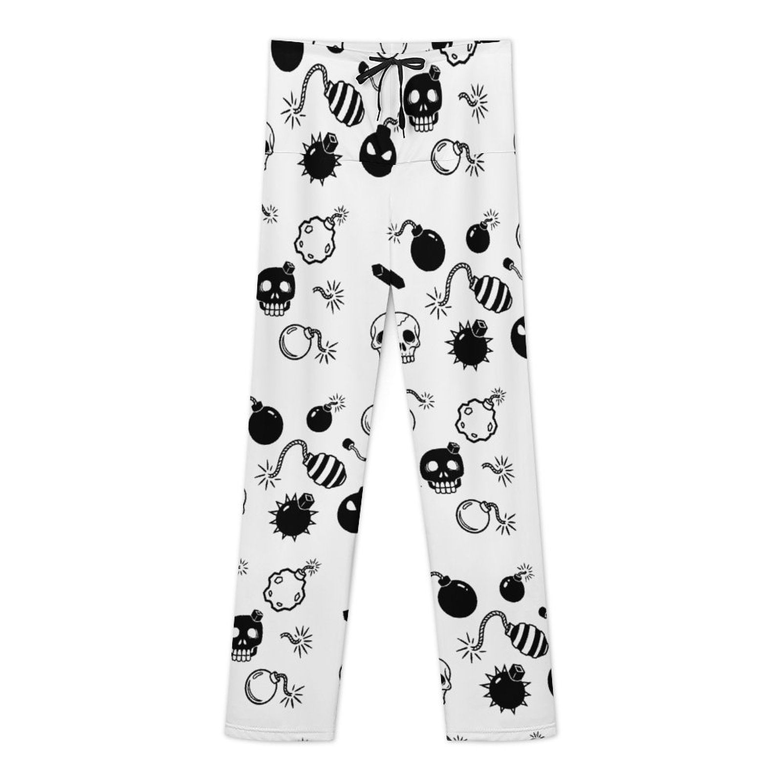 Full-length display of the premium Milk Silk lounge pants, highlighting the vibrant black and white alt-fashion graphic print pattern and relaxed, straight-leg casual silhouette.