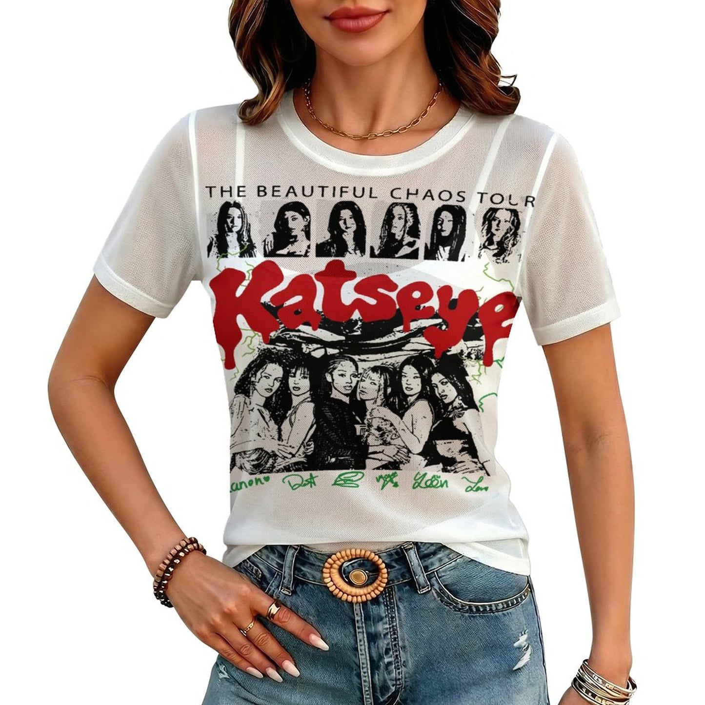 Katseye Inspired All-Over Print Mesh Top | Sheer Short Sleeve Eyekon Fan Tee