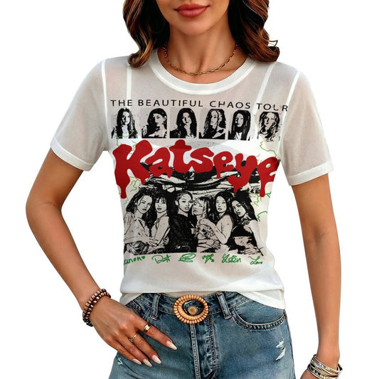 Katseye Inspired All-Over Print Mesh Top | Sheer Short Sleeve Eyekon Fan Tee