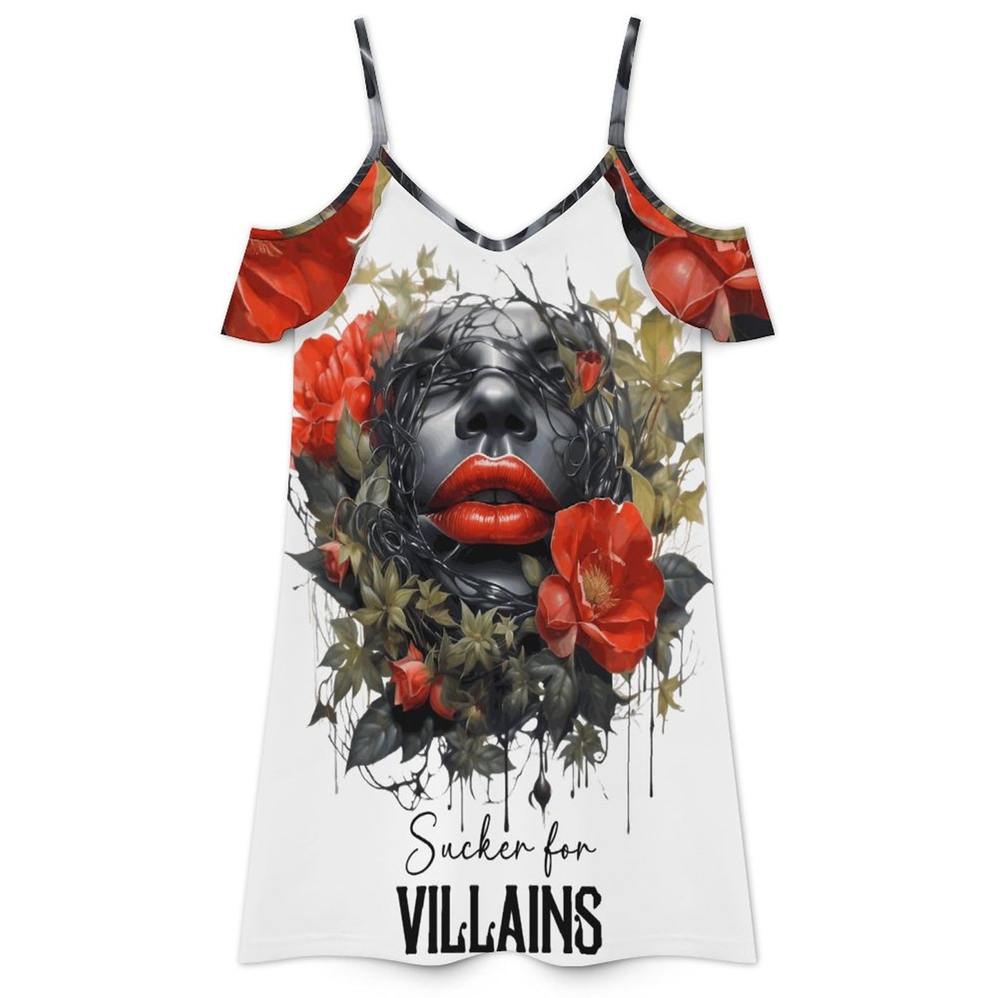 Flat lay product mockup of the white ruffle spaghetti strap dress, showcasing the cold-shoulder silhouette and the dark romance graphic illustration of a woman's face surrounded by red roses with the text "Sucker for VILLAINS".