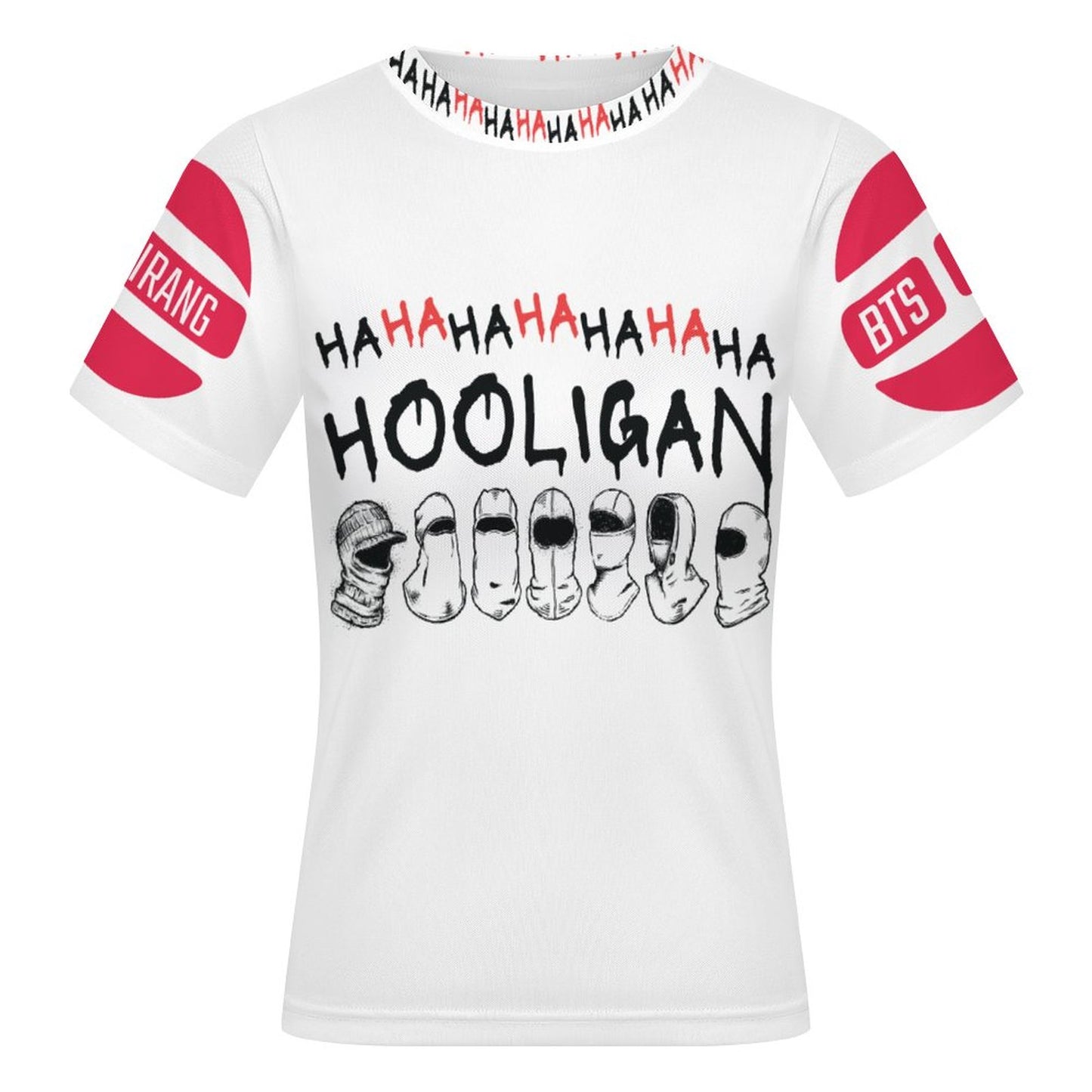 A flat lay product mockup of a white short-sleeve mesh t-shirt featuring a bold black typography design that reads 'HAHAHAHAHAHAHA HOOLIGAN' across the chest with a row of illustrated sneakers underneath. The sleeve bands feature red accents, with 'RANG' on the right sleeve and 'BTS' on the left sleeve, all set against a clean white background.