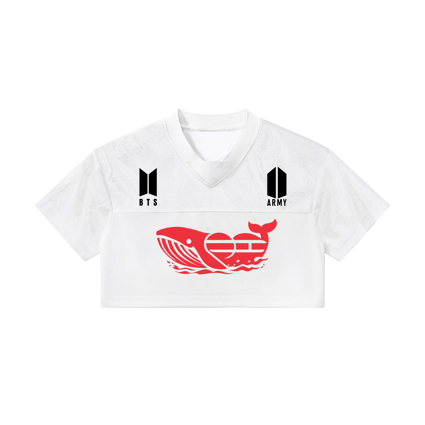 Front view of the white BTS Taehyung World Tour cropped paneled v-neck jersey, showcasing a custom red Whalien 52 whale graphic flanked by the black BTS and ARMY logos.