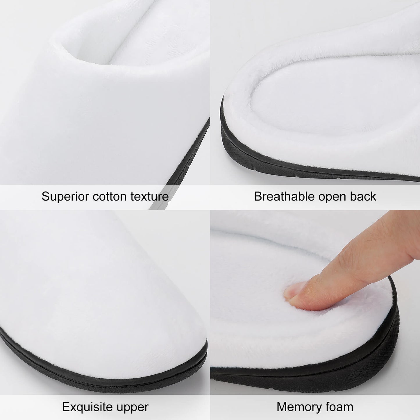 Close-up of a mattress with text highlighting features like superior cotton texture, breathable open back, exquisite upper, and memory foam.