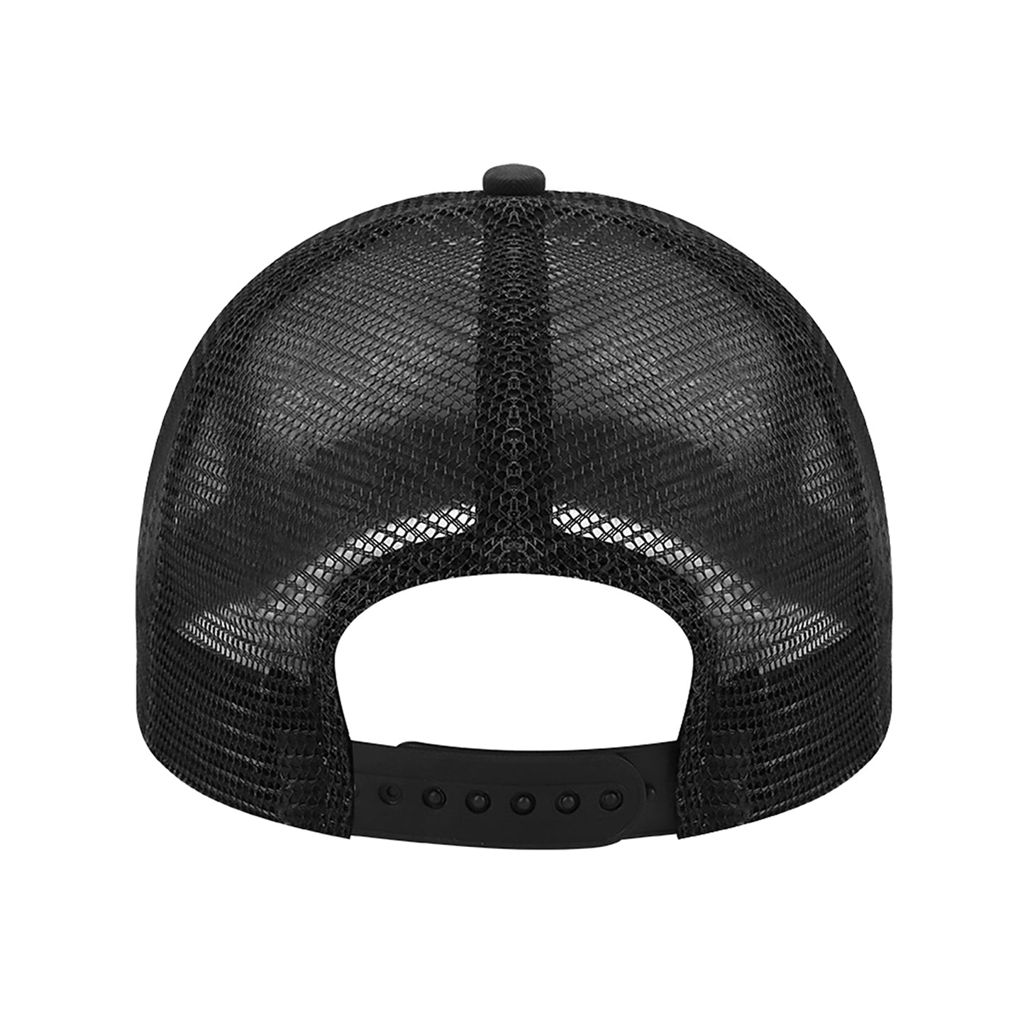 Close up of premium adjustable buckle closure and sweat absorbing band on trucker hat