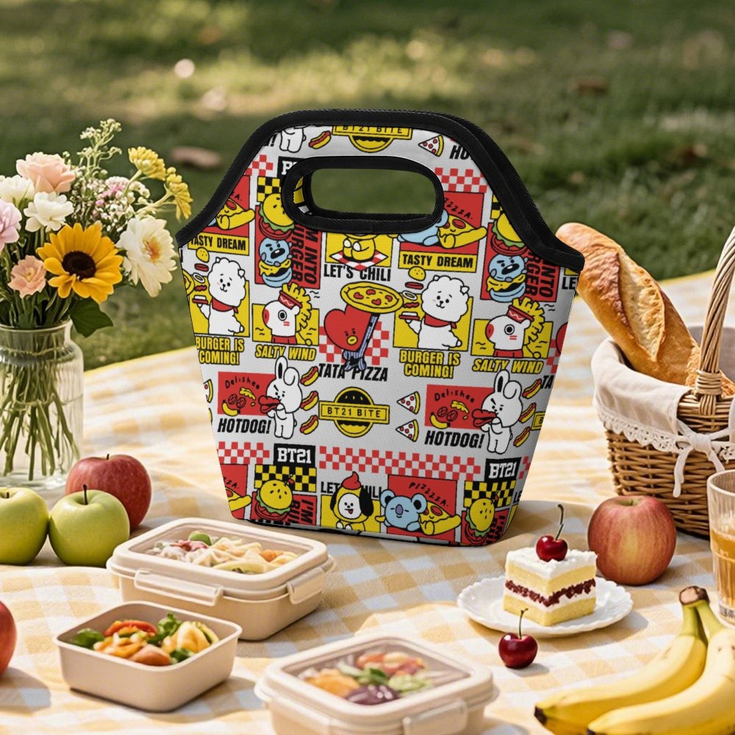 BT21 Inspired Portable Lunch Tote Bag – All-Over Print K-Pop Insulated Meal Organiser