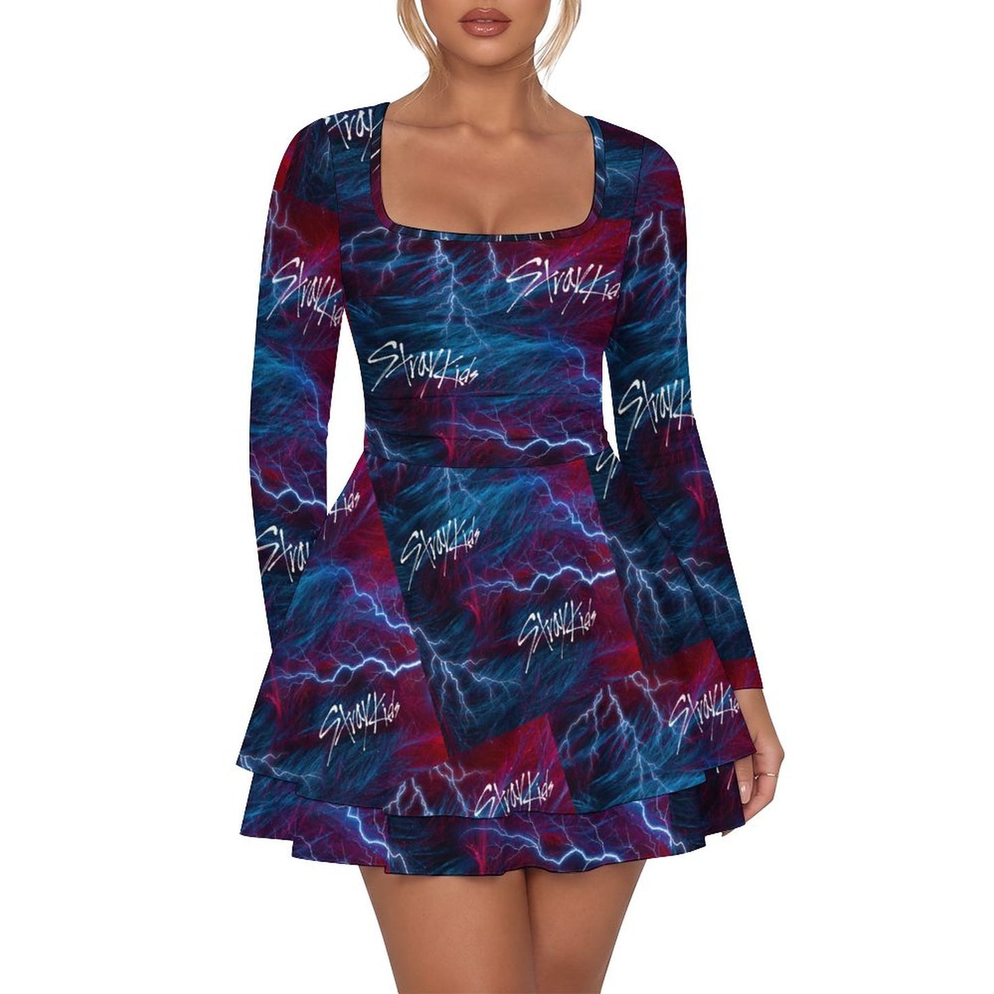 200gsm Women’s Square Neckline Ruffle Dress(All-Over Printing)