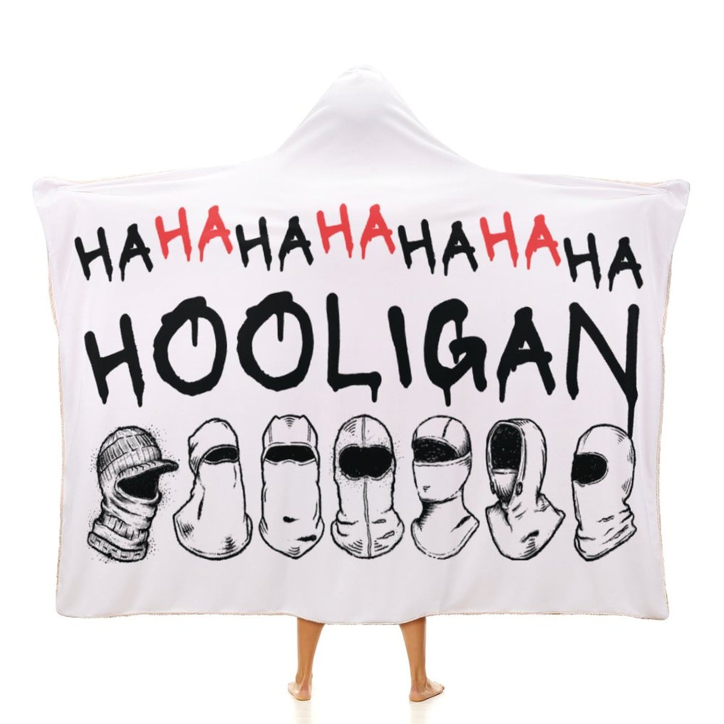 BTS Hooligan hooded blanket in white premium arctic velvet, perfect for K-Pop fans and ARMY concert gear.