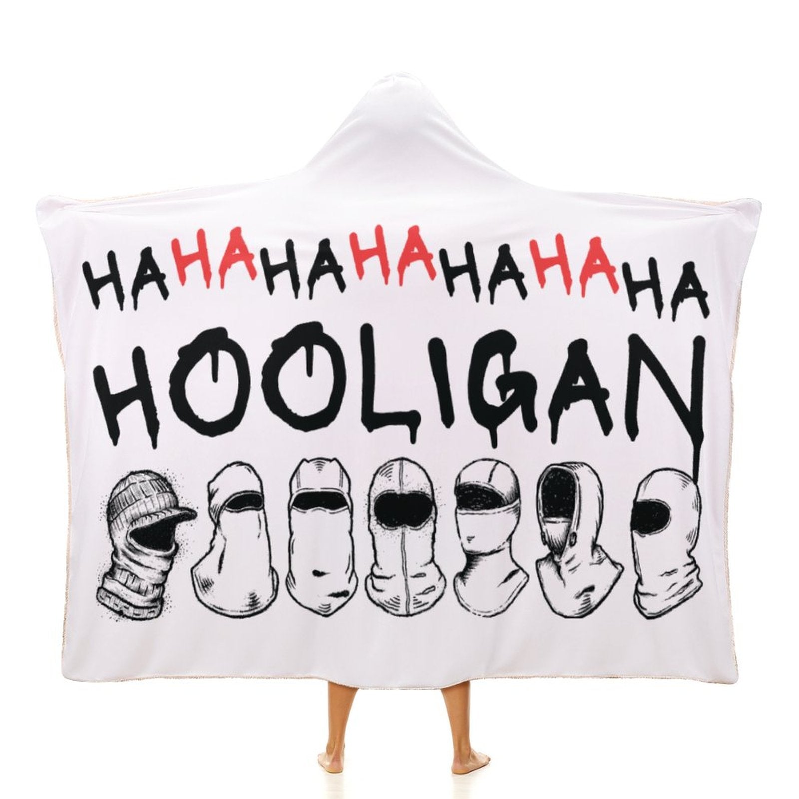 BTS Hooligan hooded blanket in white premium arctic velvet, perfect for K-Pop fans and ARMY concert gear.