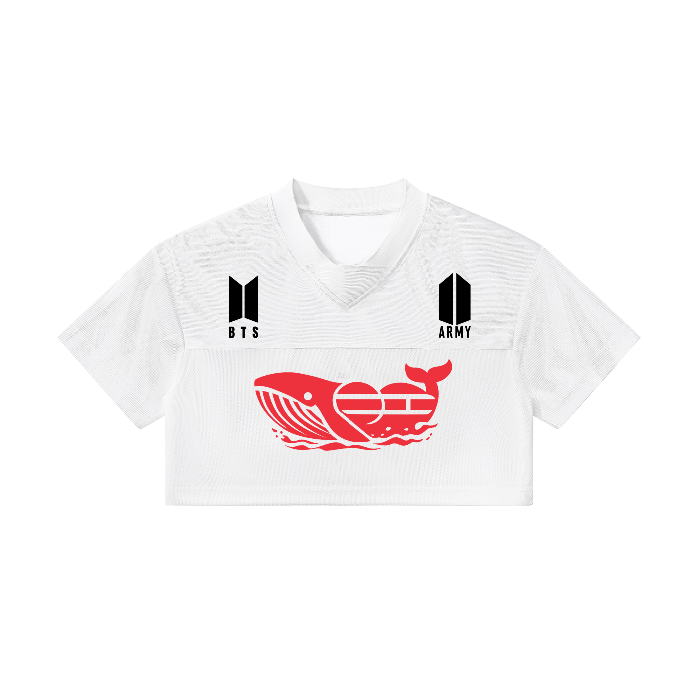 Front view of the white BTS V cropped paneled v-neck jersey, showcasing a custom red Whalien 52 whale graphic with the BTS and ARMY logos.