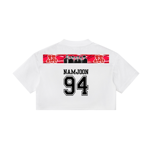 BTS Namjoon 94 cropped paneled v-neck jersey in white streetwear style