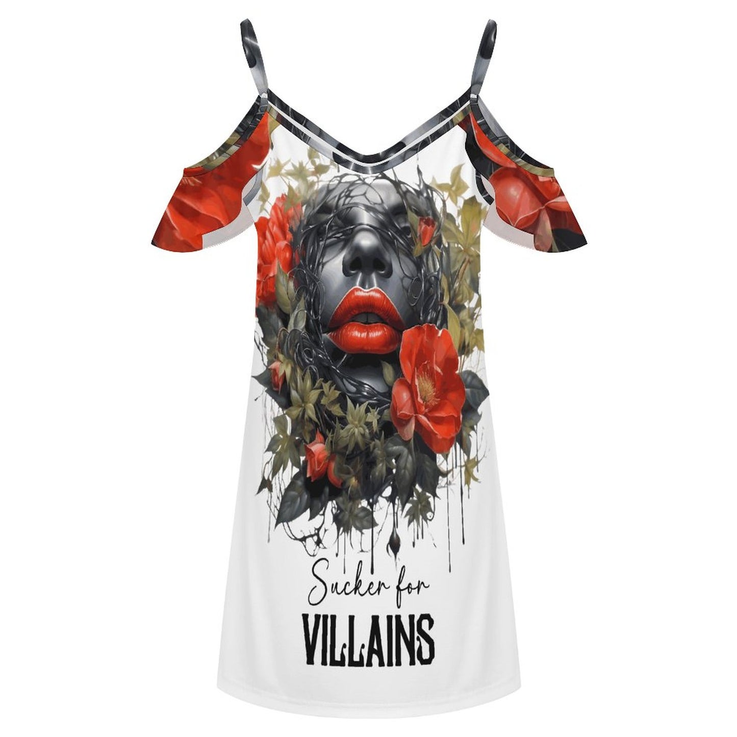 Flat lay product mockup of the white ruffle spaghetti strap dress, showcasing the cold-shoulder silhouette and the dark romance graphic illustration of a woman's face surrounded by red roses with the text "Sucker for VILLAINS".