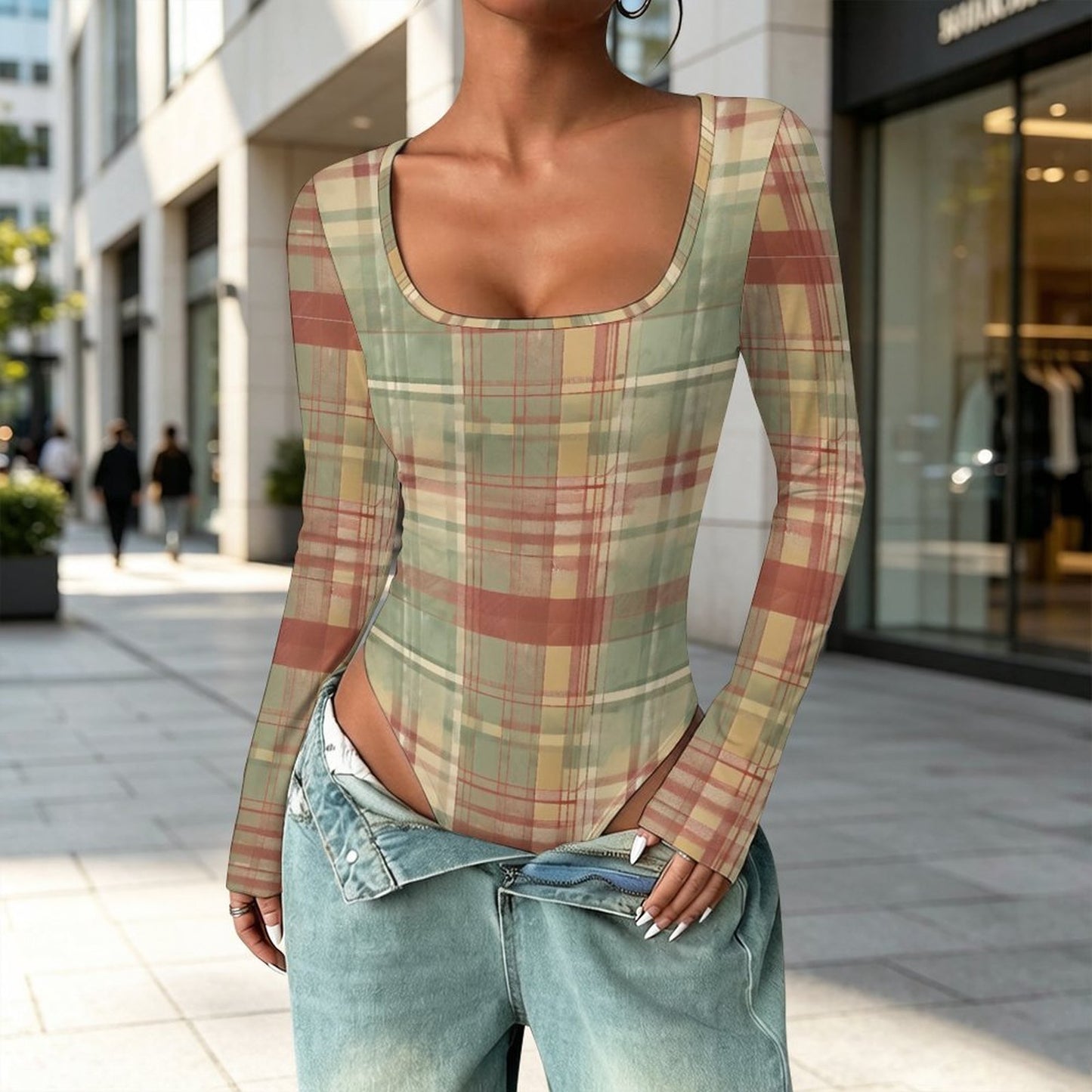 Square Collar Long Sleeved Jumpsuit(All-Over Printing)