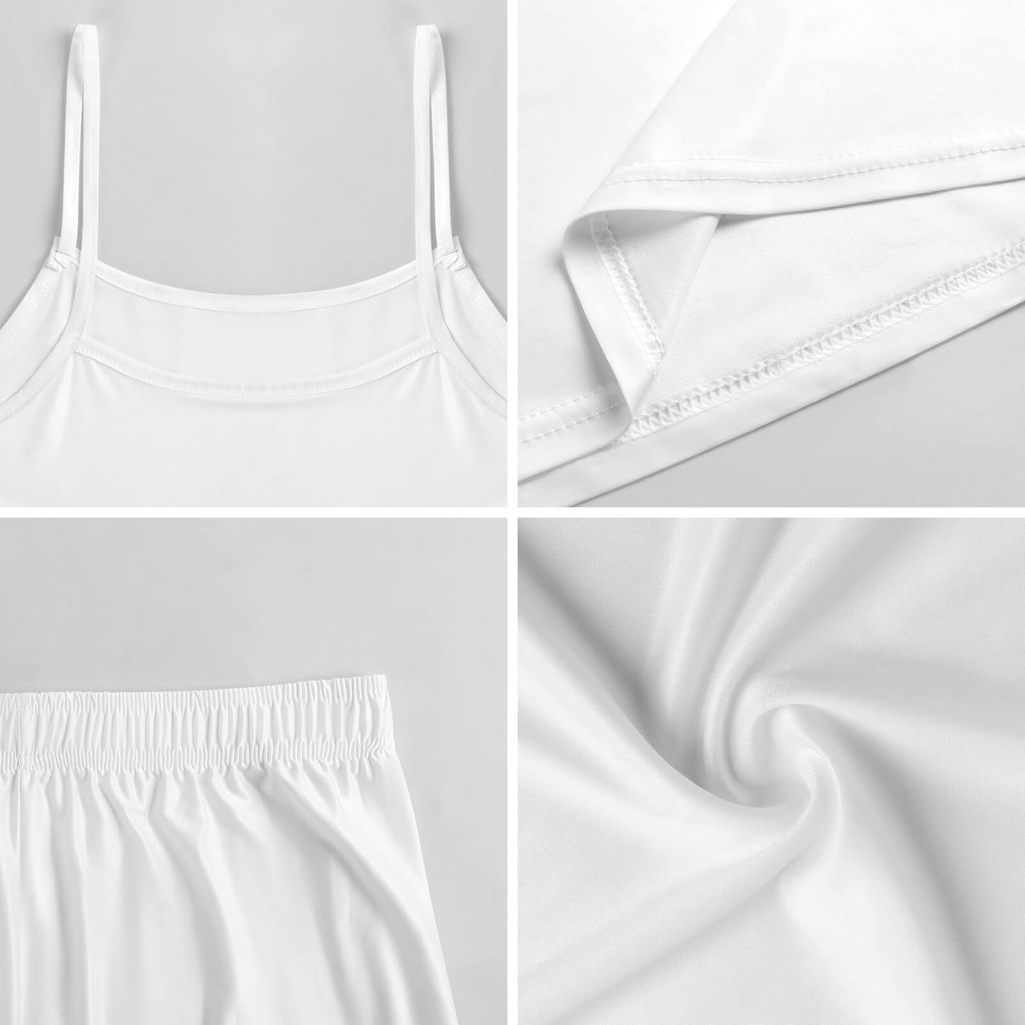 Four-panel macro close-up collage of the white ice silk pajama material, detailing the premium stitching, adjustable spaghetti strap, elastic waistband, and the fluid, wrinkle-resistant texture of the fabric.