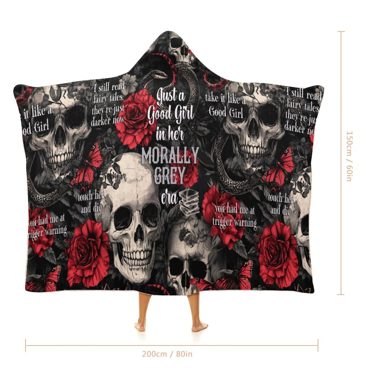 Oversized Morally Grey Hero hooded blanket with gothic script, perfect for cozy dark romance reading sessions.