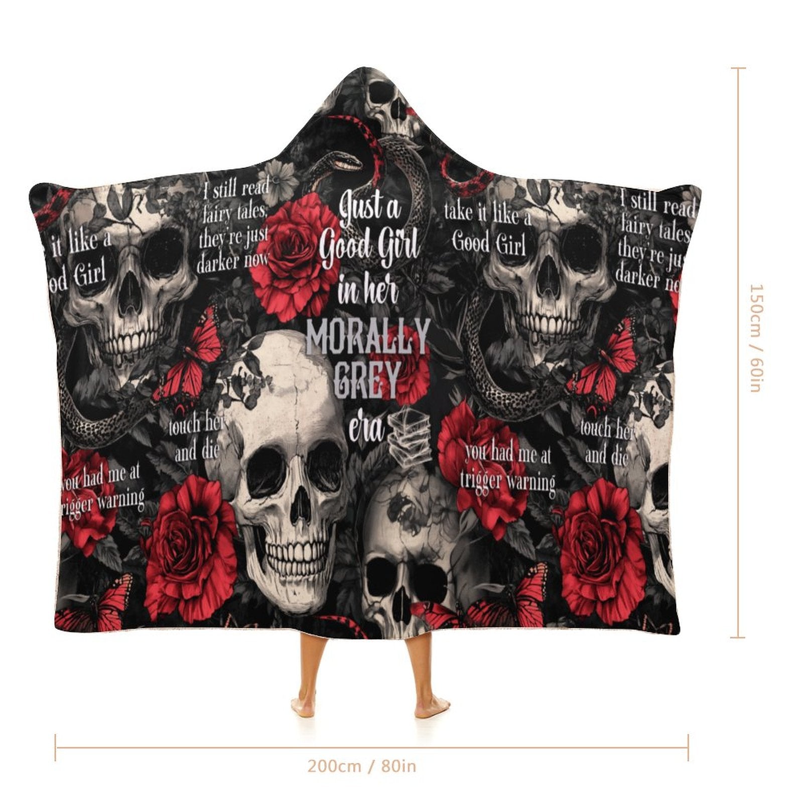 Oversized Morally Grey Hero hooded blanket with gothic script, perfect for cozy dark romance reading sessions.