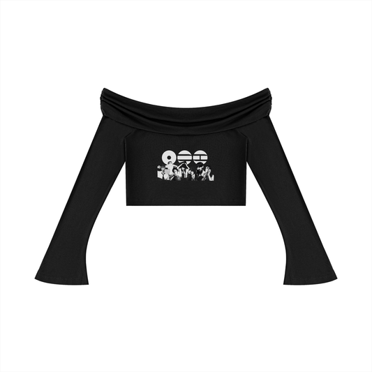 Front view of the BTS Arirang women's off-the-shoulder bell sleeve crop top in black, showcasing the elegant bardot neckline and custom graphic design for ARMY.