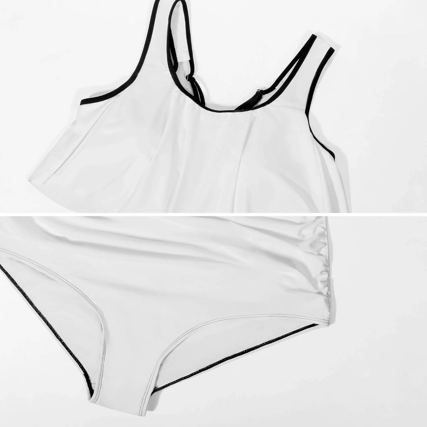 Flat lay view of a high-quality two piece plus size swimsuit highlighting the stretchable, fade-resistant sublimation print fabric.