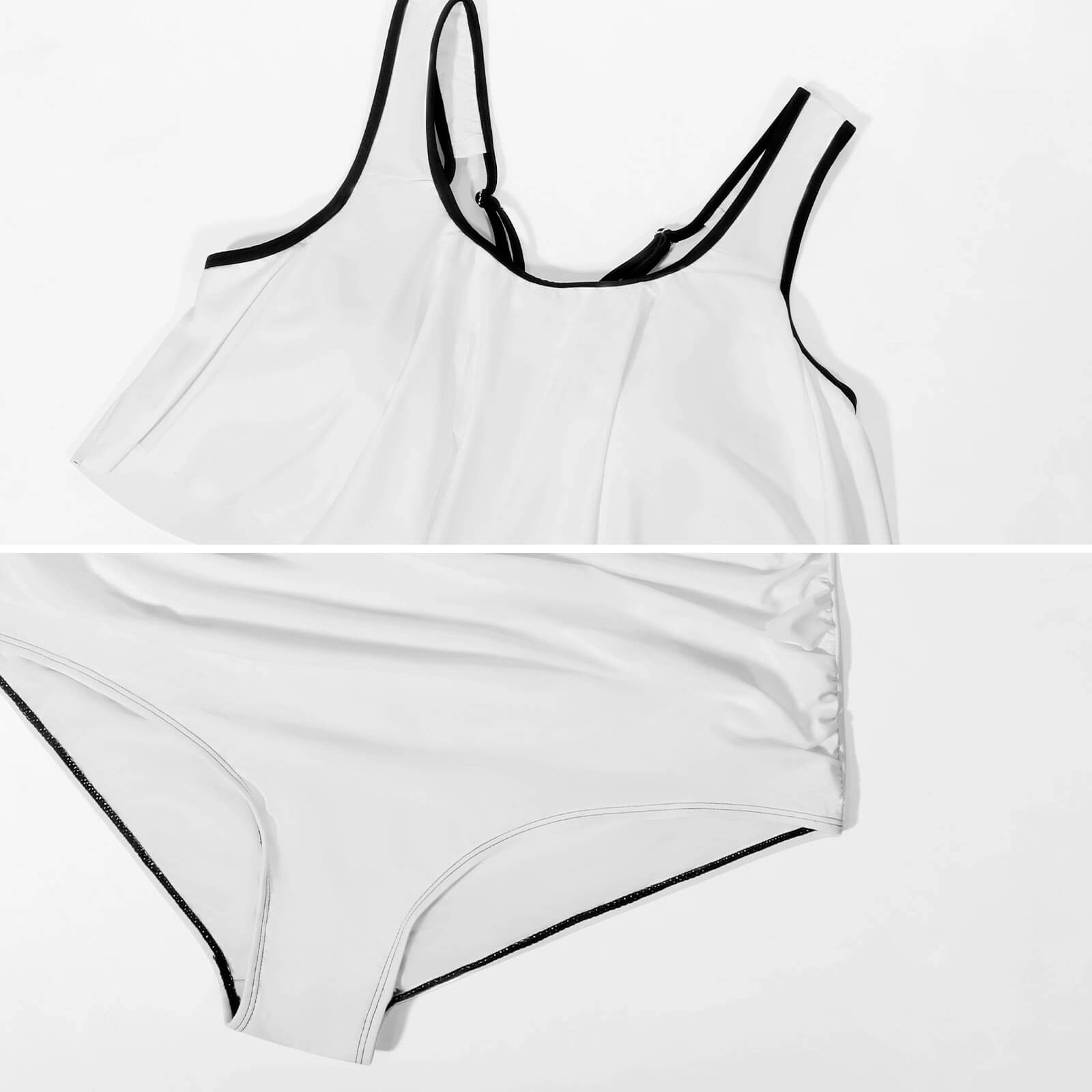 Flat lay view of a high-quality two piece plus size swimsuit highlighting the stretchable, fade-resistant sublimation print fabric.