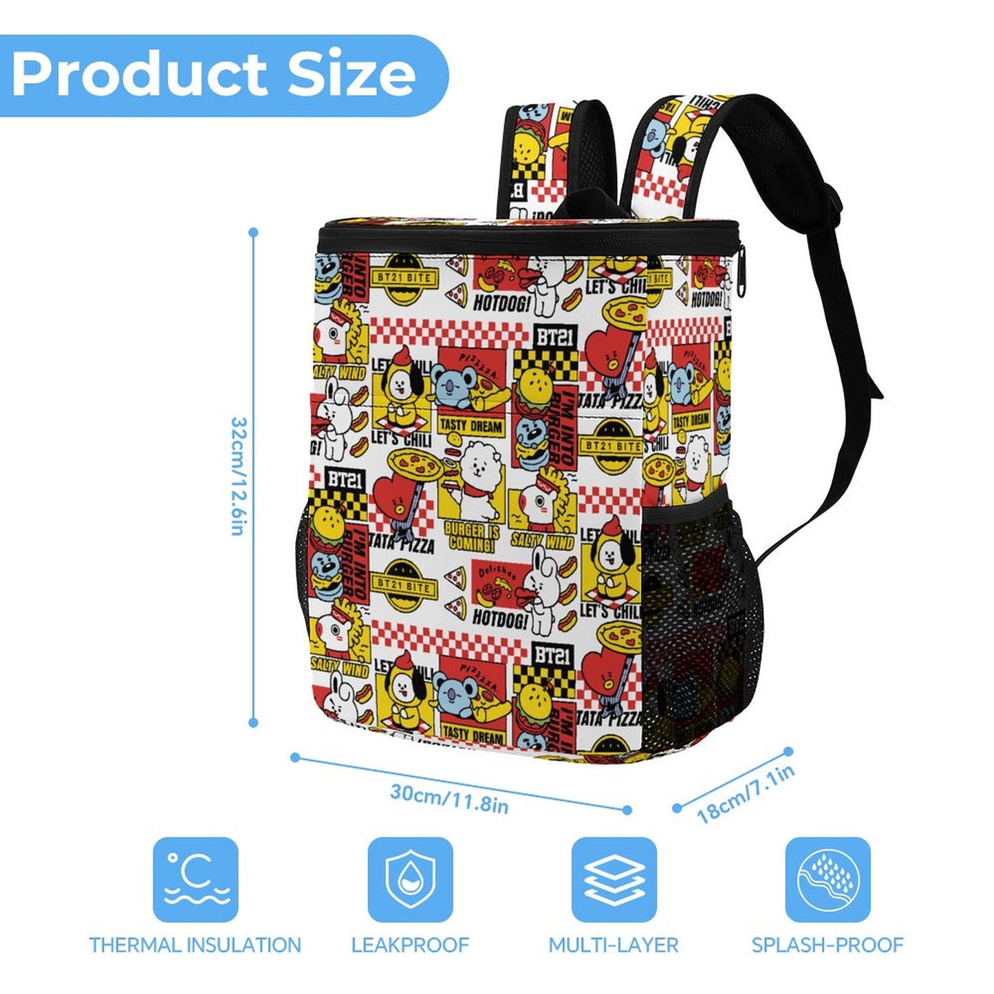 BT21 Inspired Insulated Ice Pack Backpack – All-Over Print K-Pop Picnic & Travel Bag