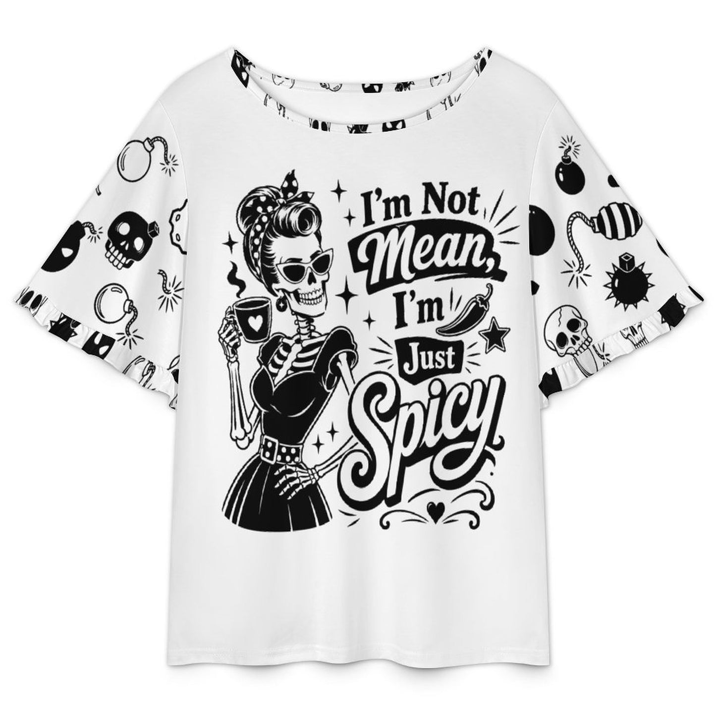 Detailed product view of the "I'm Not Mean I'm Spicy" typography and retro bombs and skulls pattern on a premium 200gsm imitation cotton t-shirt.