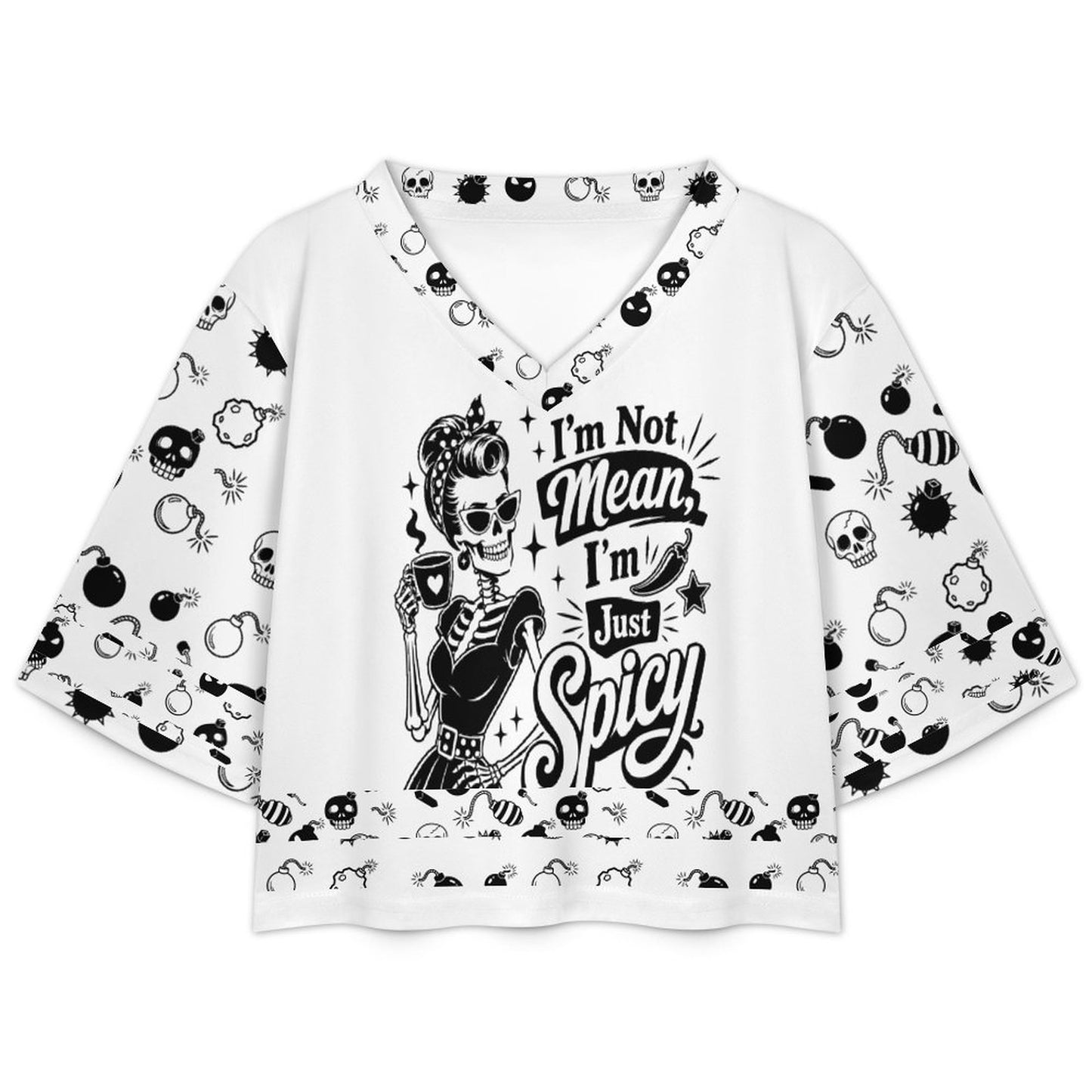High-definition mockup view of the white collared rugby tee, detailing the sharp sublimation printing of retro bombs and skulls across the entire garment body.
