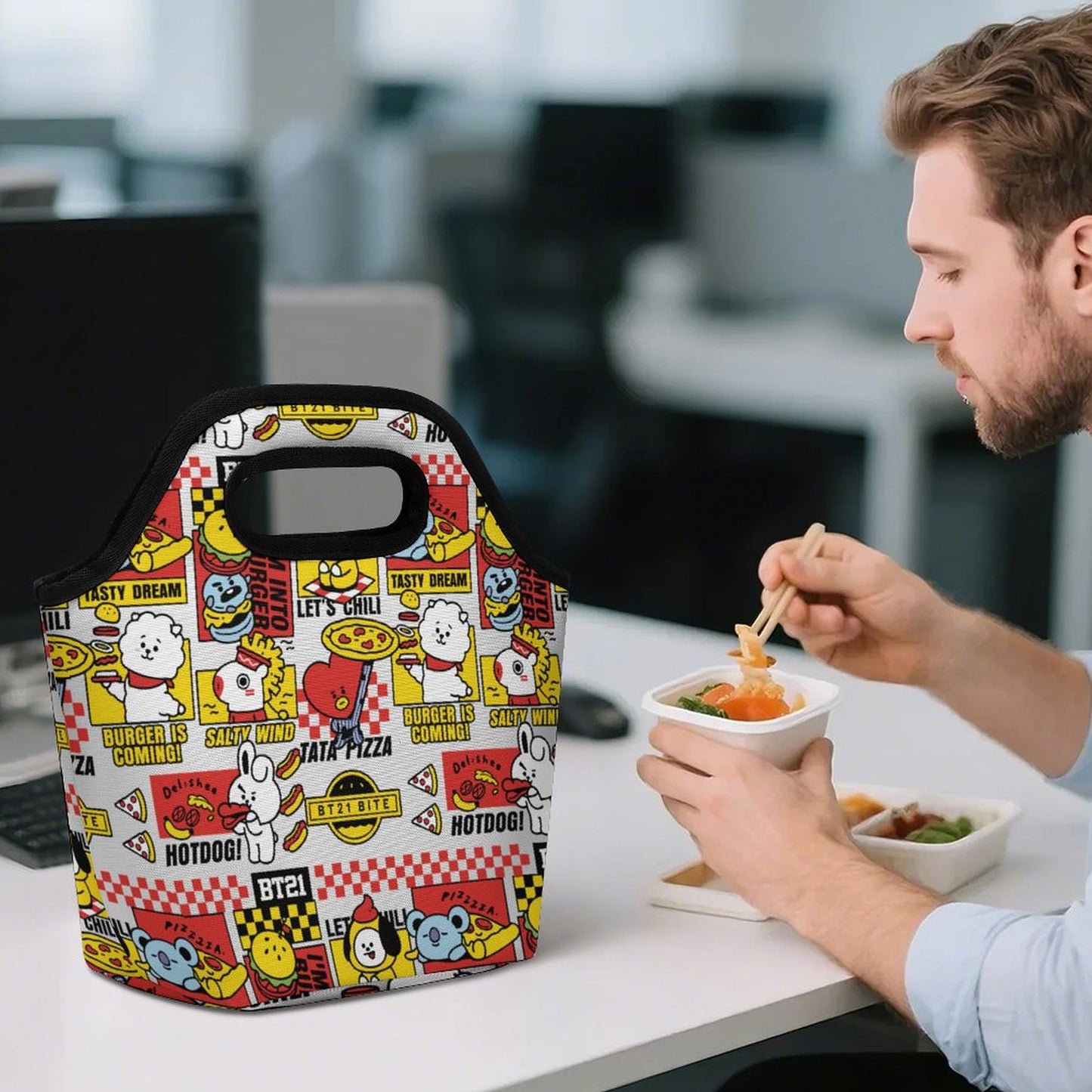 BT21 Inspired Portable Lunch Tote Bag – All-Over Print K-Pop Insulated Meal Organiser