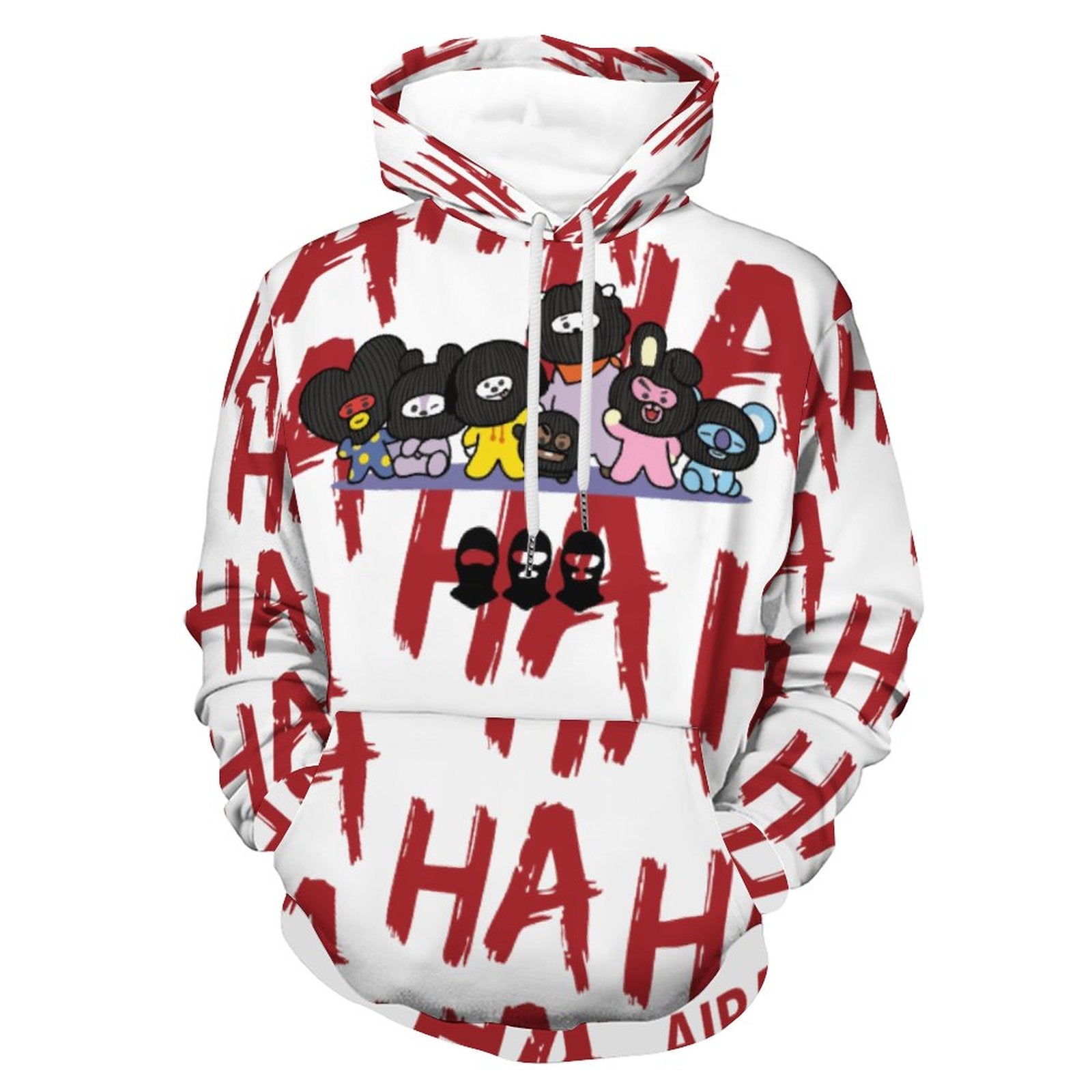 White all-over print graphic hoodie with red HA HA HA text and cartoon character design, showcasing an oversized K-pop concert outfit style.