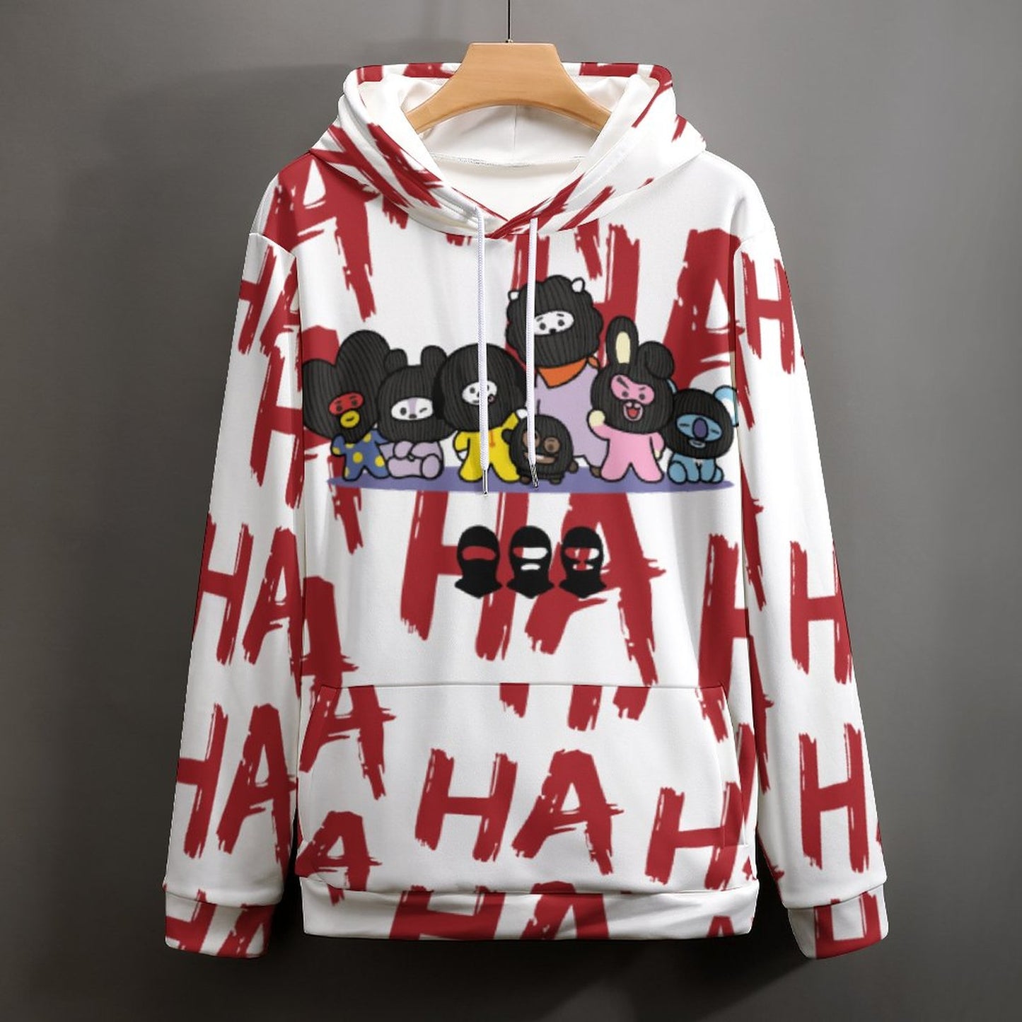 White all-over print graphic hoodie with red HA HA HA text and cartoon character design, showcasing an oversized K-pop concert outfit style.
