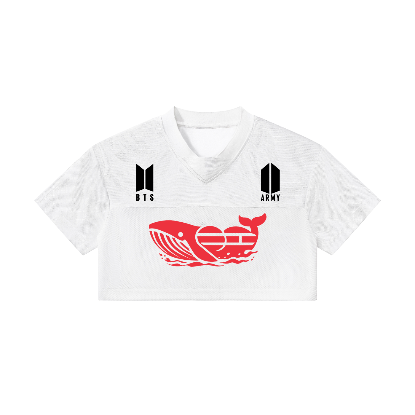 Front view of the white BTS World Tour cropped paneled v-neck jersey, showcasing a custom red Whalien 52 whale graphic flanked by the black BTS and ARMY logos.