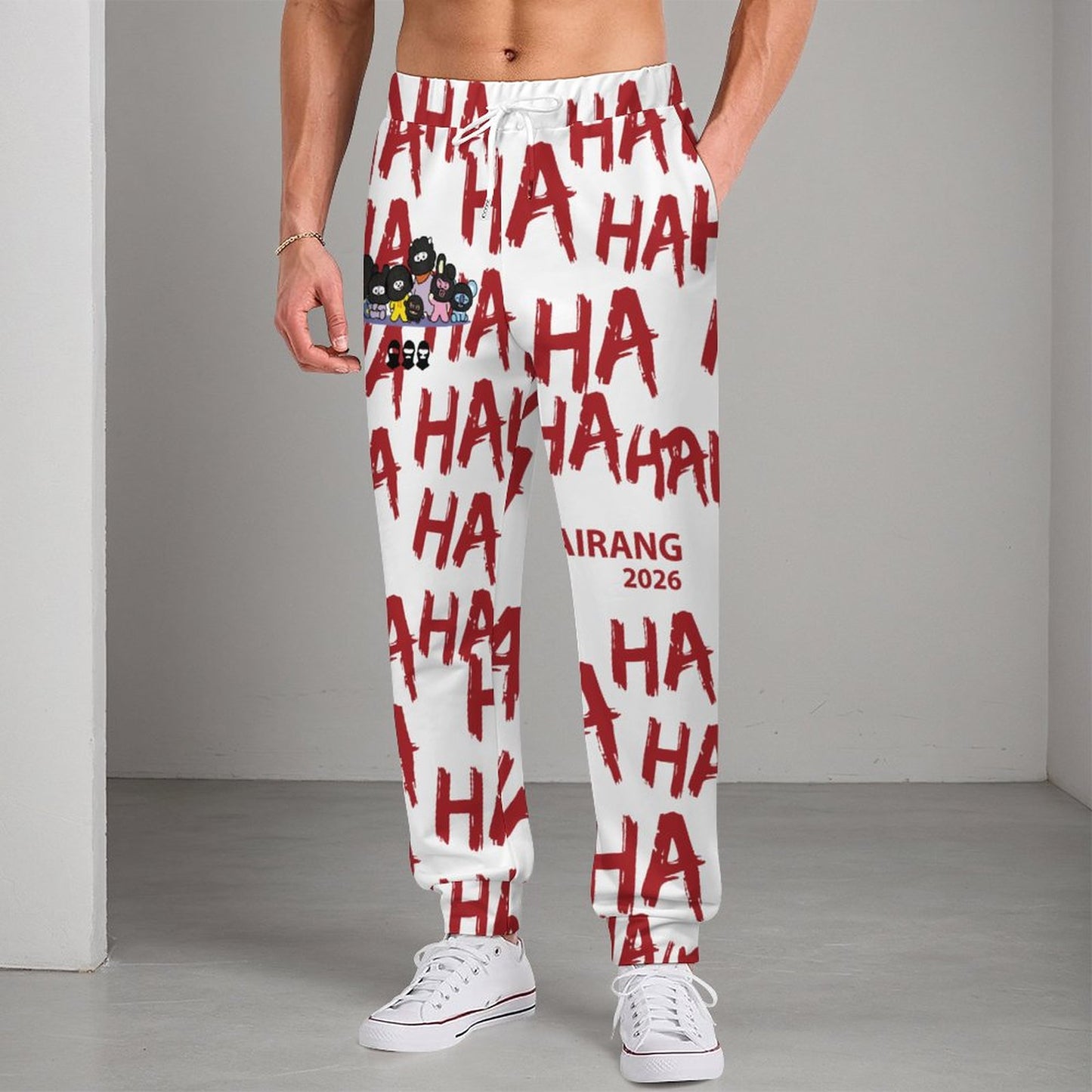 Close-up view of the premium 280gsm fabric texture and detailed all-over print on the BT21 Hooligan sweatpants.