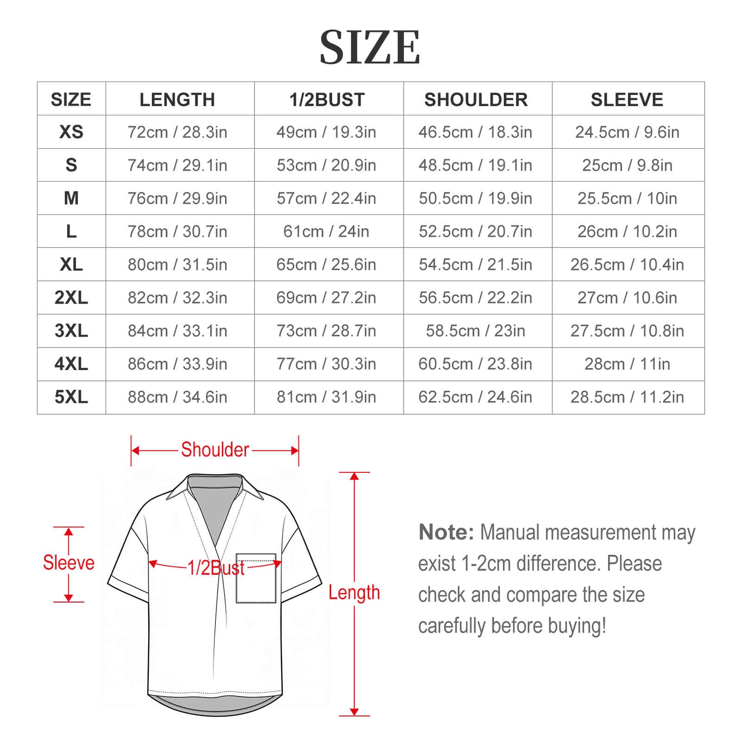 Flat-laid size and measurement guide graphic for the women's loose-fit boat neck tee, detailing bust, length, and three-quarter sleeve specifications in centimeters and inches.