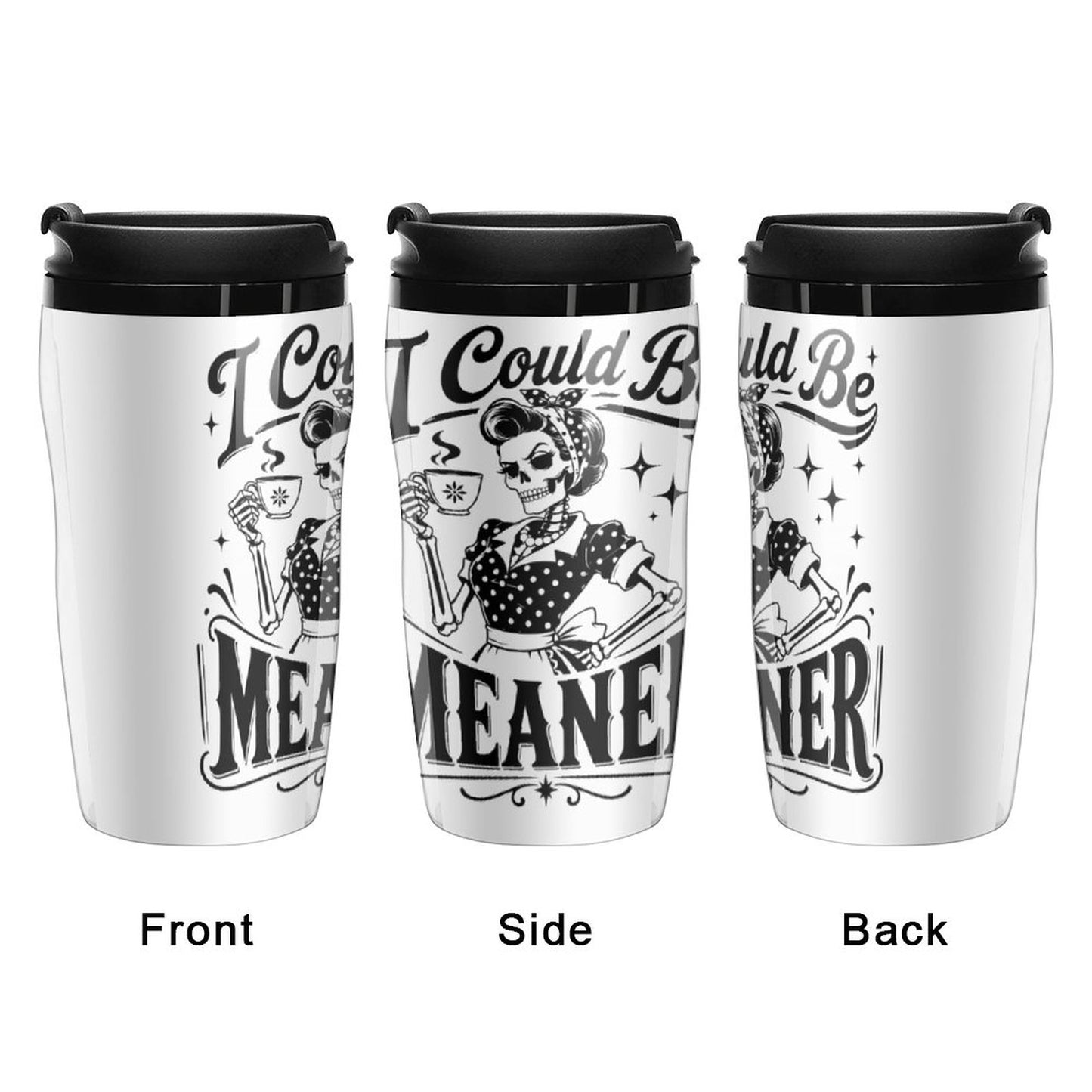 Three views of a travel mug with a skeleton design and text on a white background.