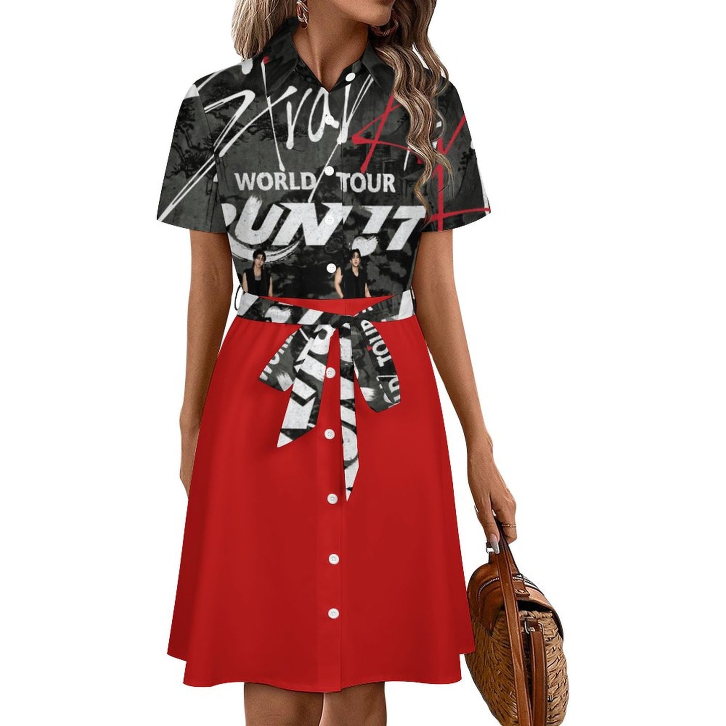 Short Sleeve Collared Shirt Dress(All-Over Printing)